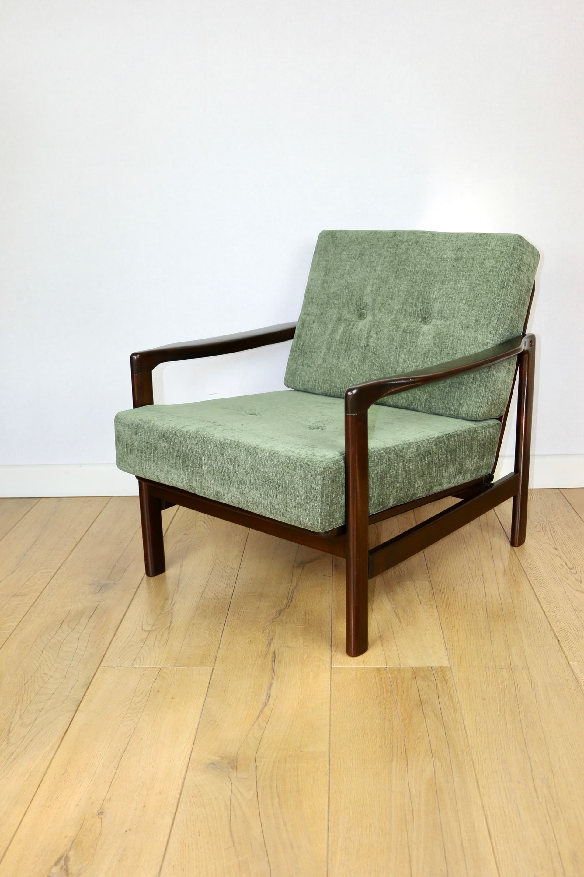 Armchair, olive green fabric, brown wood, by Z. Bączyk, Poland, 1970s - 362660