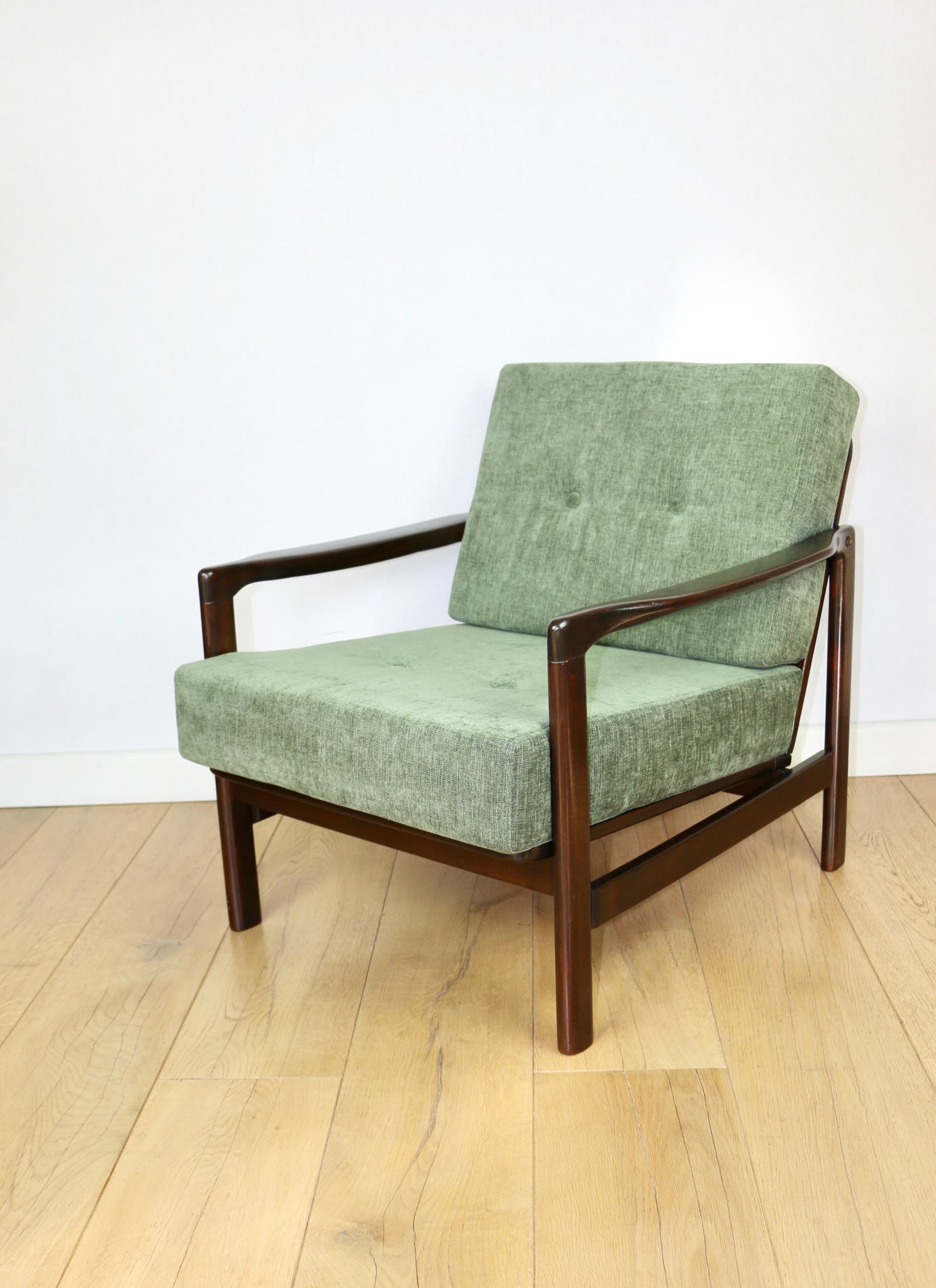 Armchair, olive green fabric, brown wood, by Z. Bączyk, Poland, 1970s - 362653
