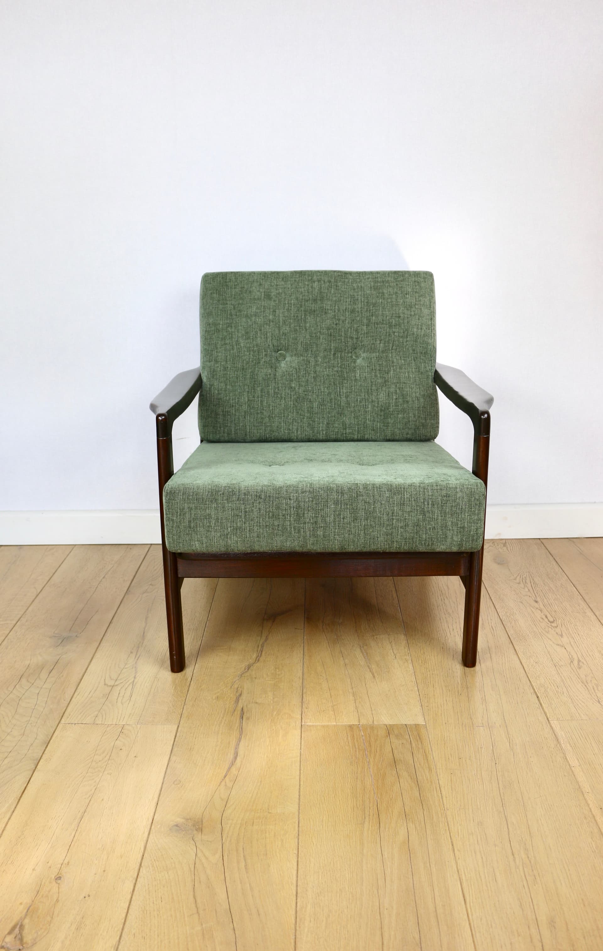 Armchair, olive green fabric, brown wood, by Z. Bączyk, Poland, 1970s - 362658