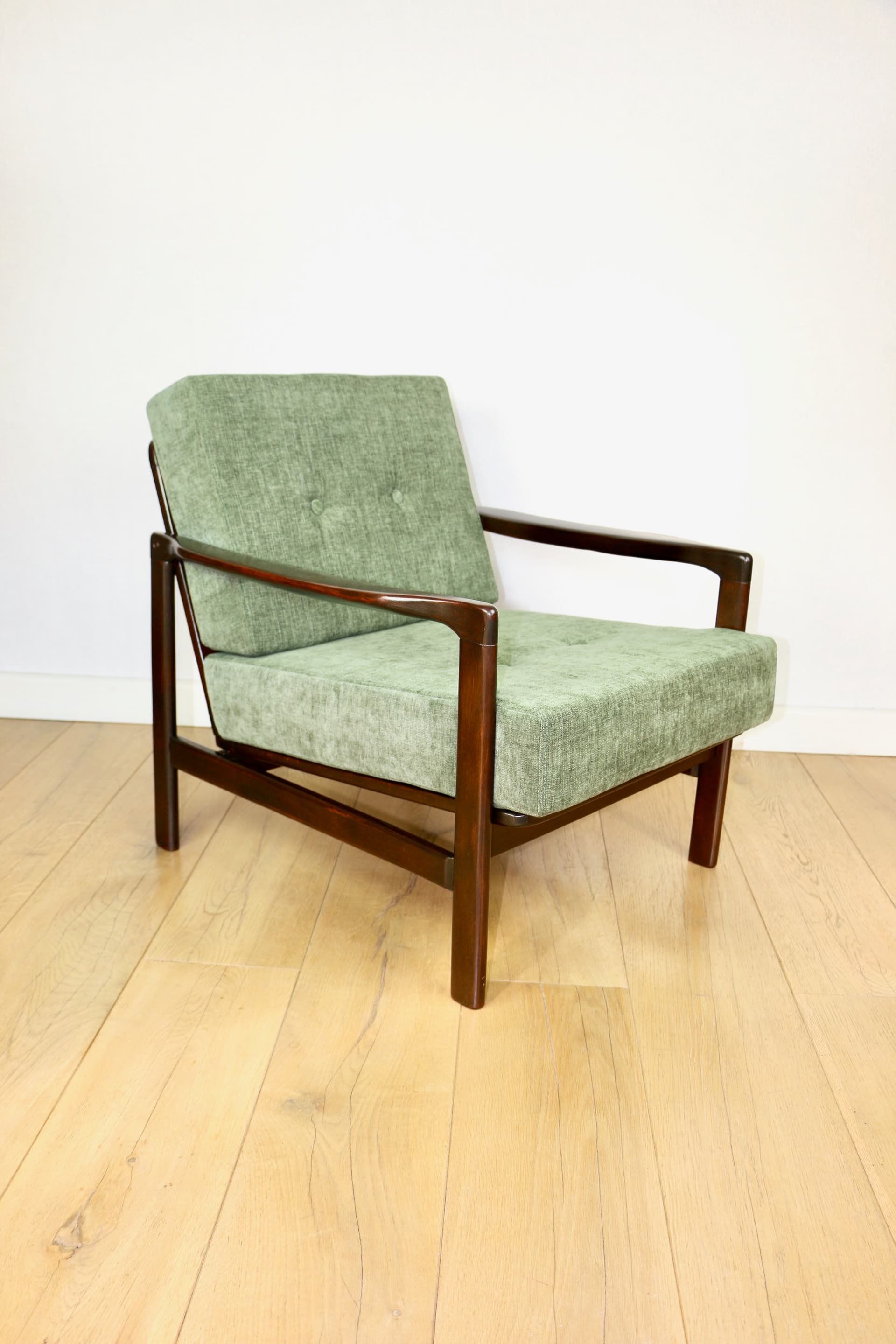 Armchair, olive green fabric, brown wood, by Z. Bączyk, Poland, 1970s - 362656