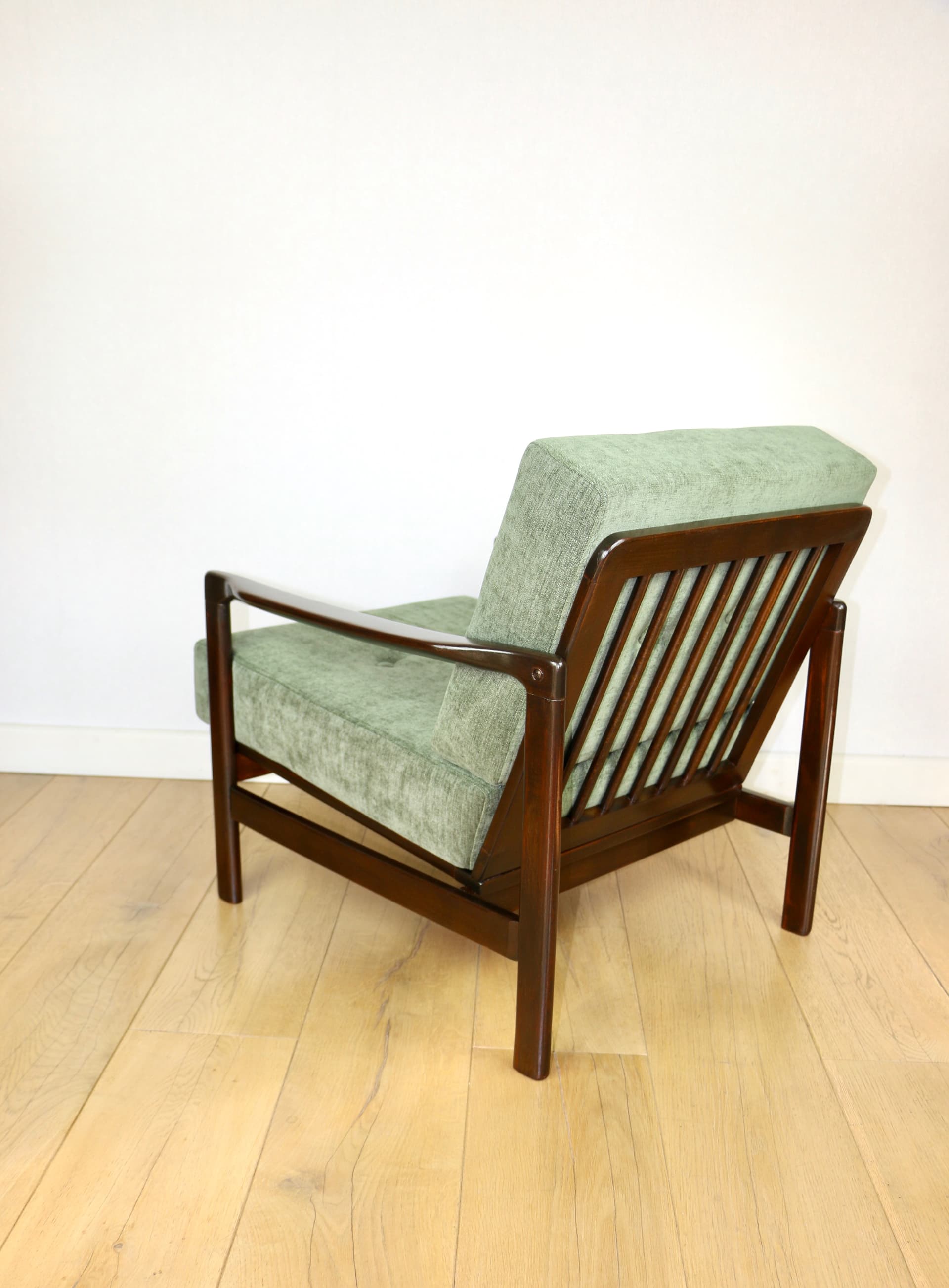 Armchair, olive green fabric, brown wood, by Z. Bączyk, Poland, 1970s - 362654