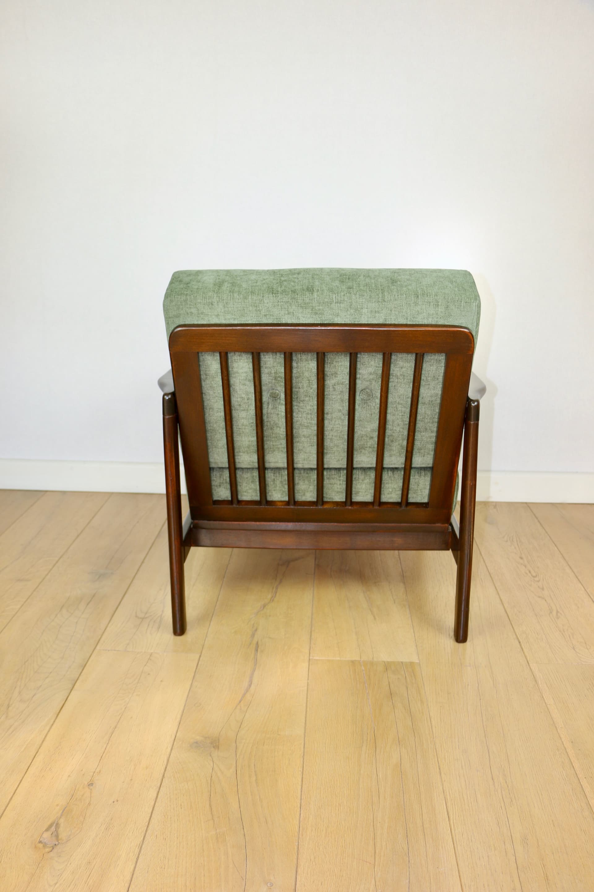 Armchair, olive green fabric, brown wood, by Z. Bączyk, Poland, 1970s - 362662