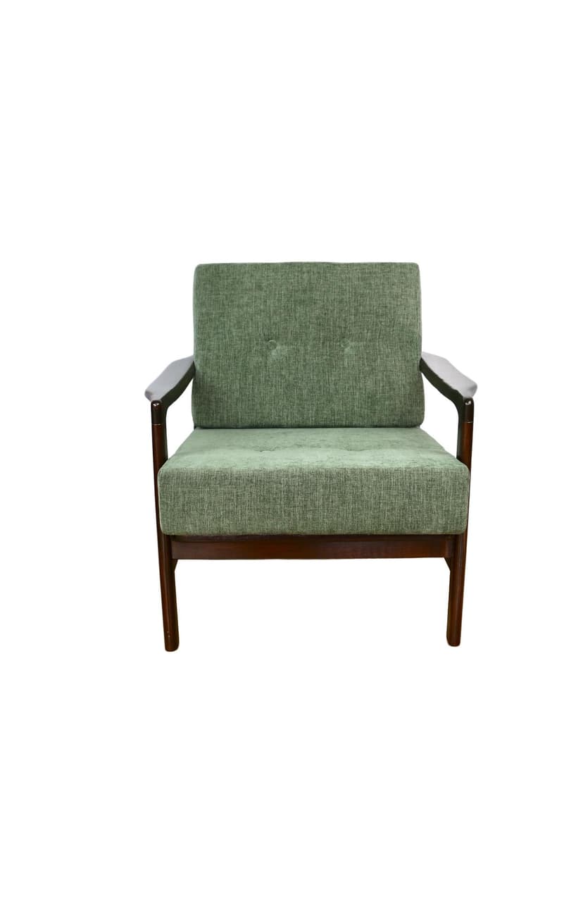 Armchair, olive green fabric, brown wood, by Z. Bączyk, Poland, 1970s