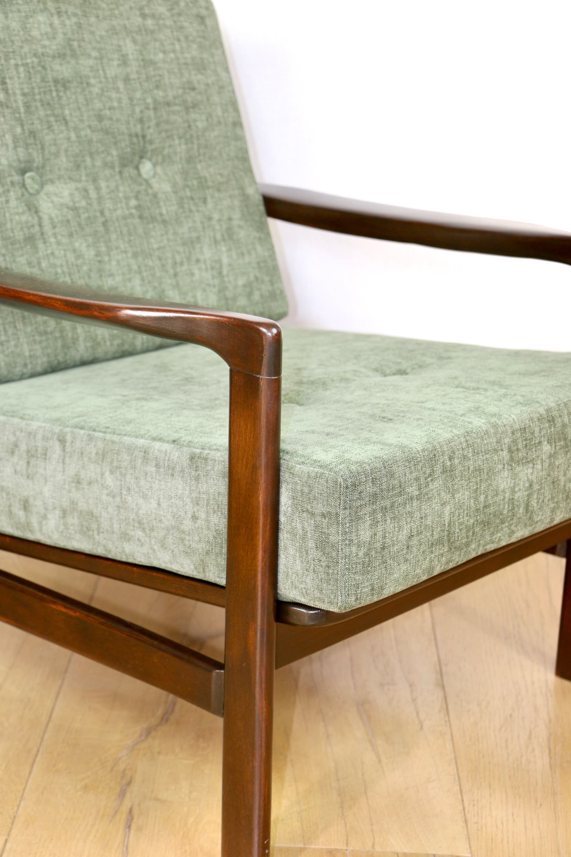 Armchair, olive green fabric, brown wood, by Z. Bączyk, Poland, 1970s - 362664