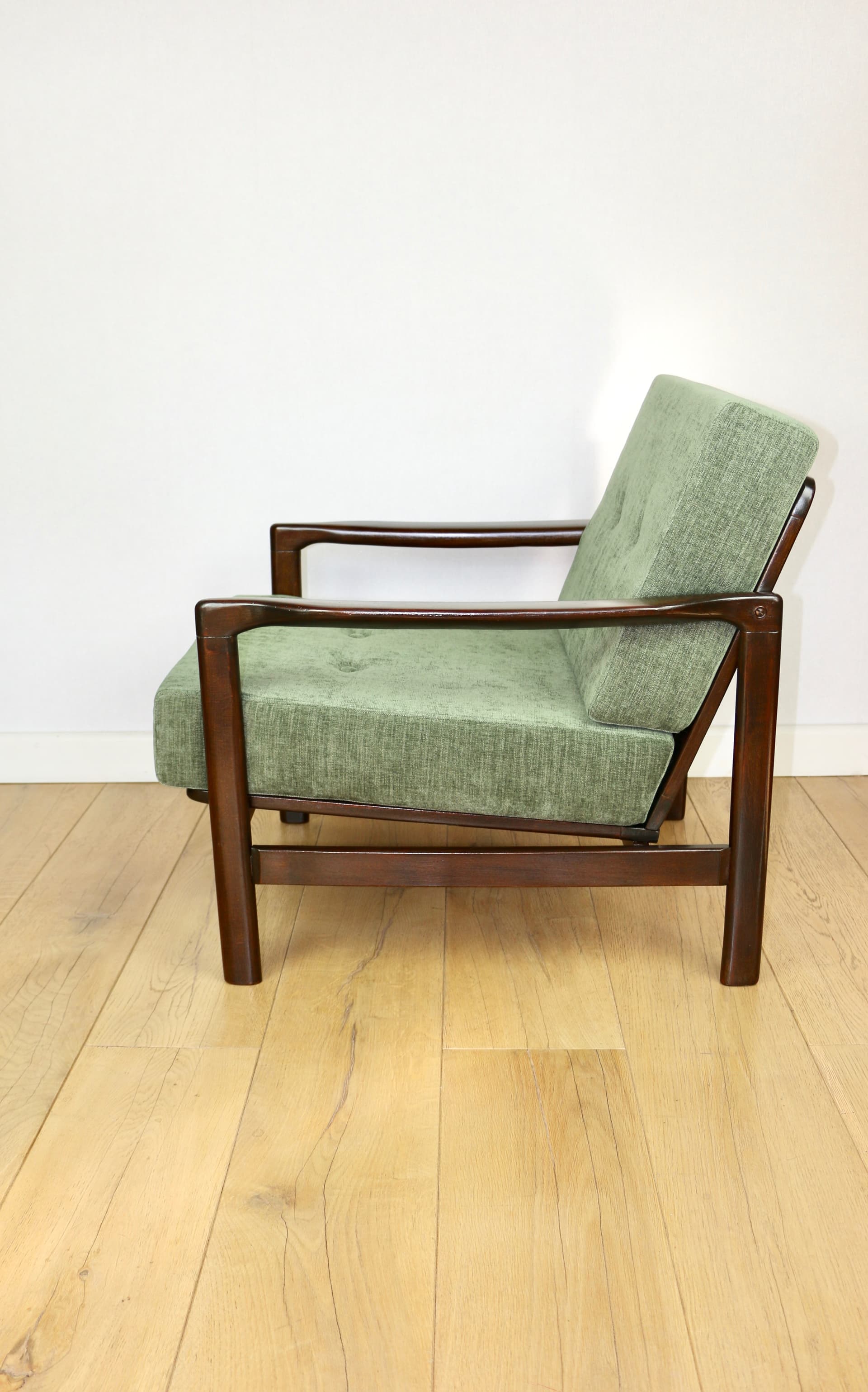 Armchair, olive green fabric, brown wood, by Z. Bączyk, Poland, 1970s - 362661