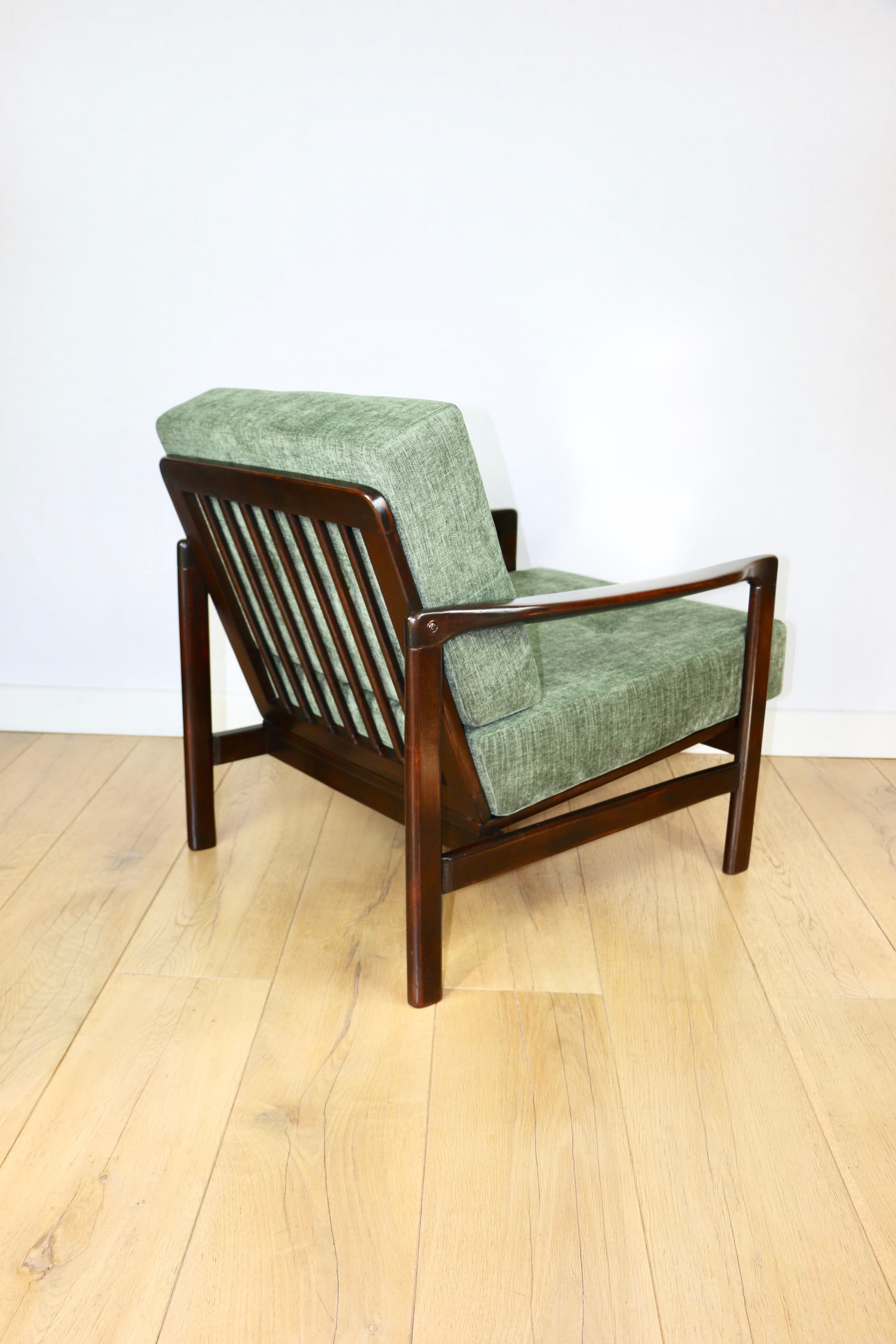 Armchair, olive green fabric, brown wood, by Z. Bączyk, Poland, 1970s - 362663