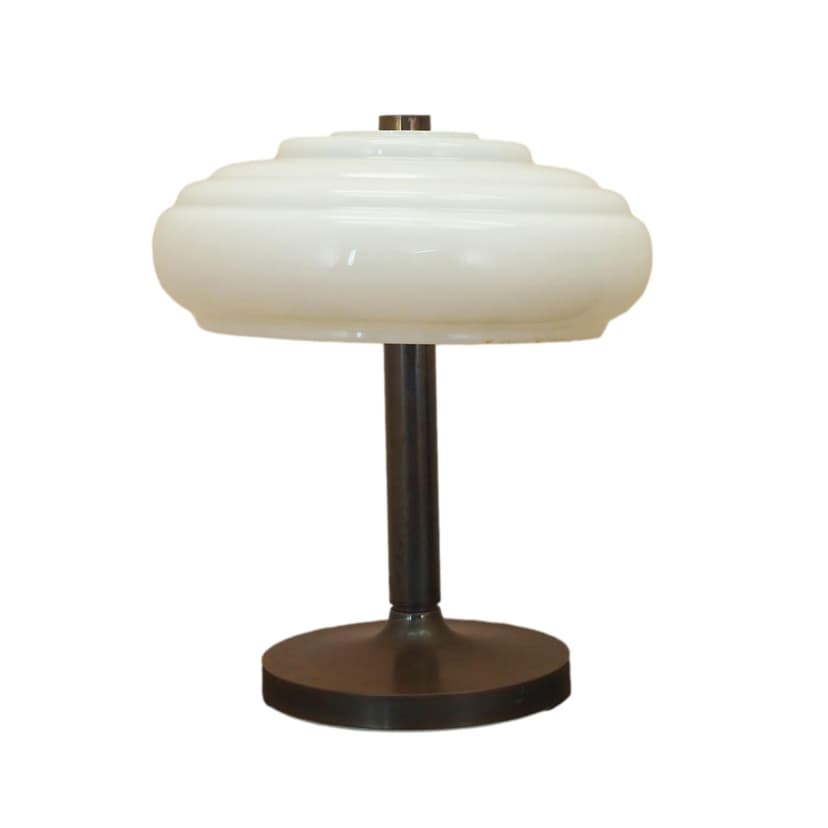 Table lamp, white glass, brown metal, Denmark, 1960s.