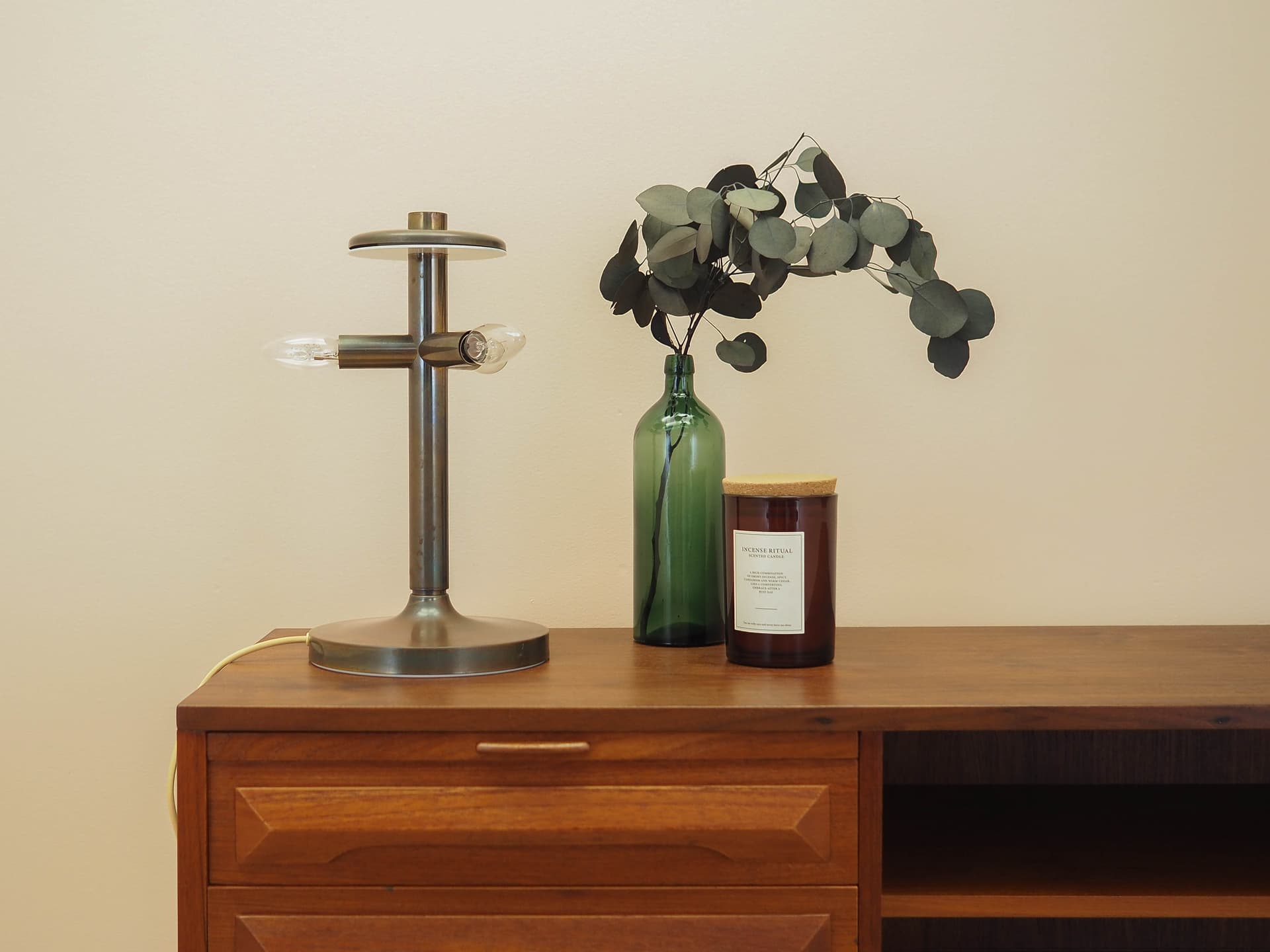 Table lamp, white glass, brown metal, Denmark, 1960s. - 362676
