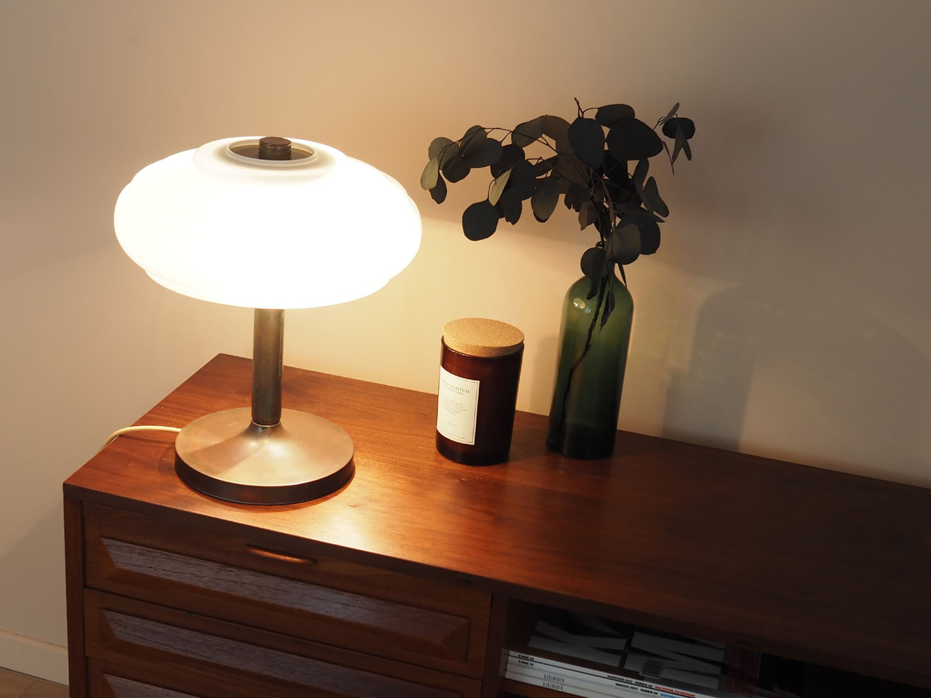 Table lamp, white glass, brown metal, Denmark, 1960s. - 362673