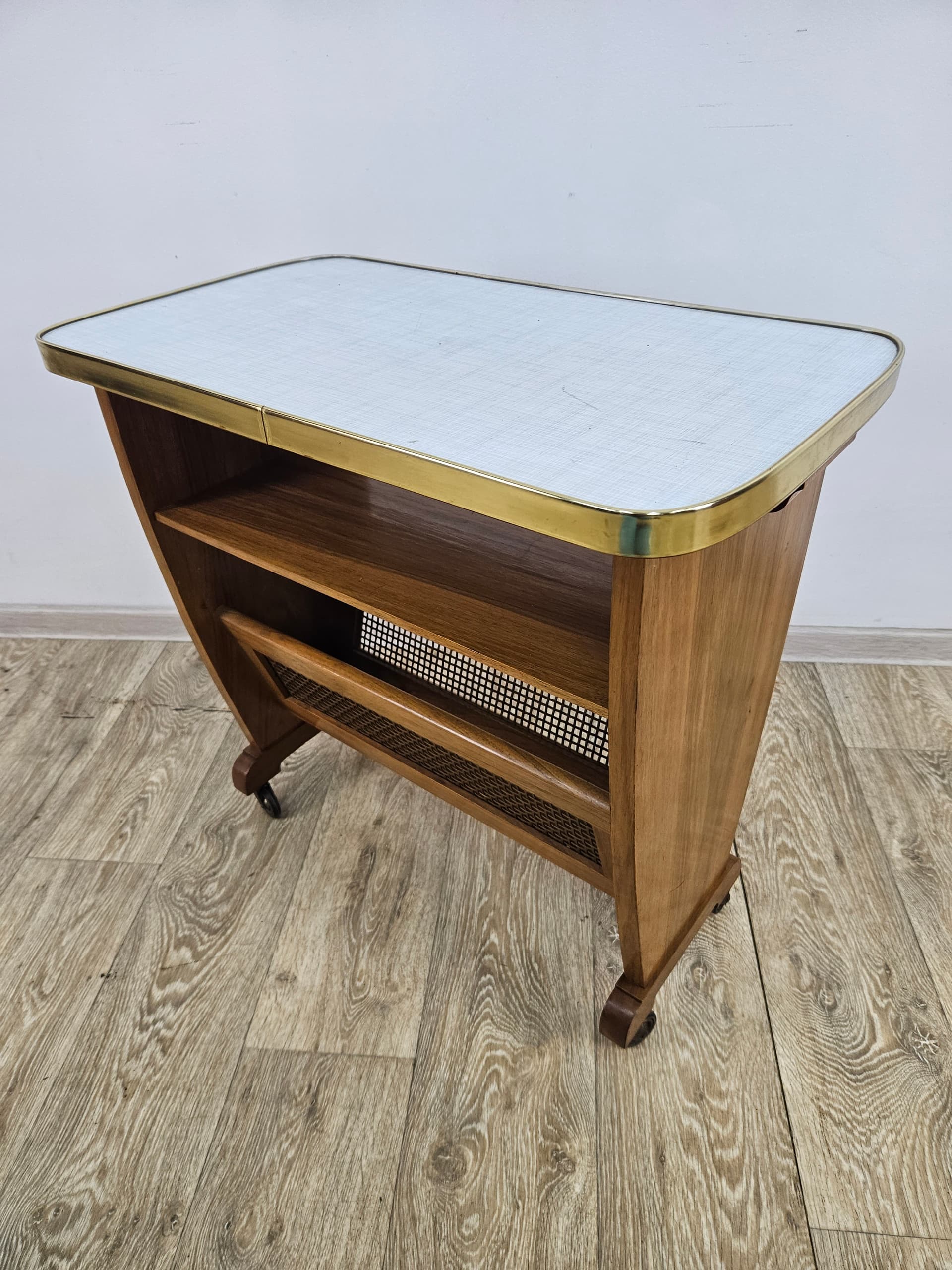 Side Table with Magazine Rack, brown wood, beige rattan, Germany, 1960s. - 362729