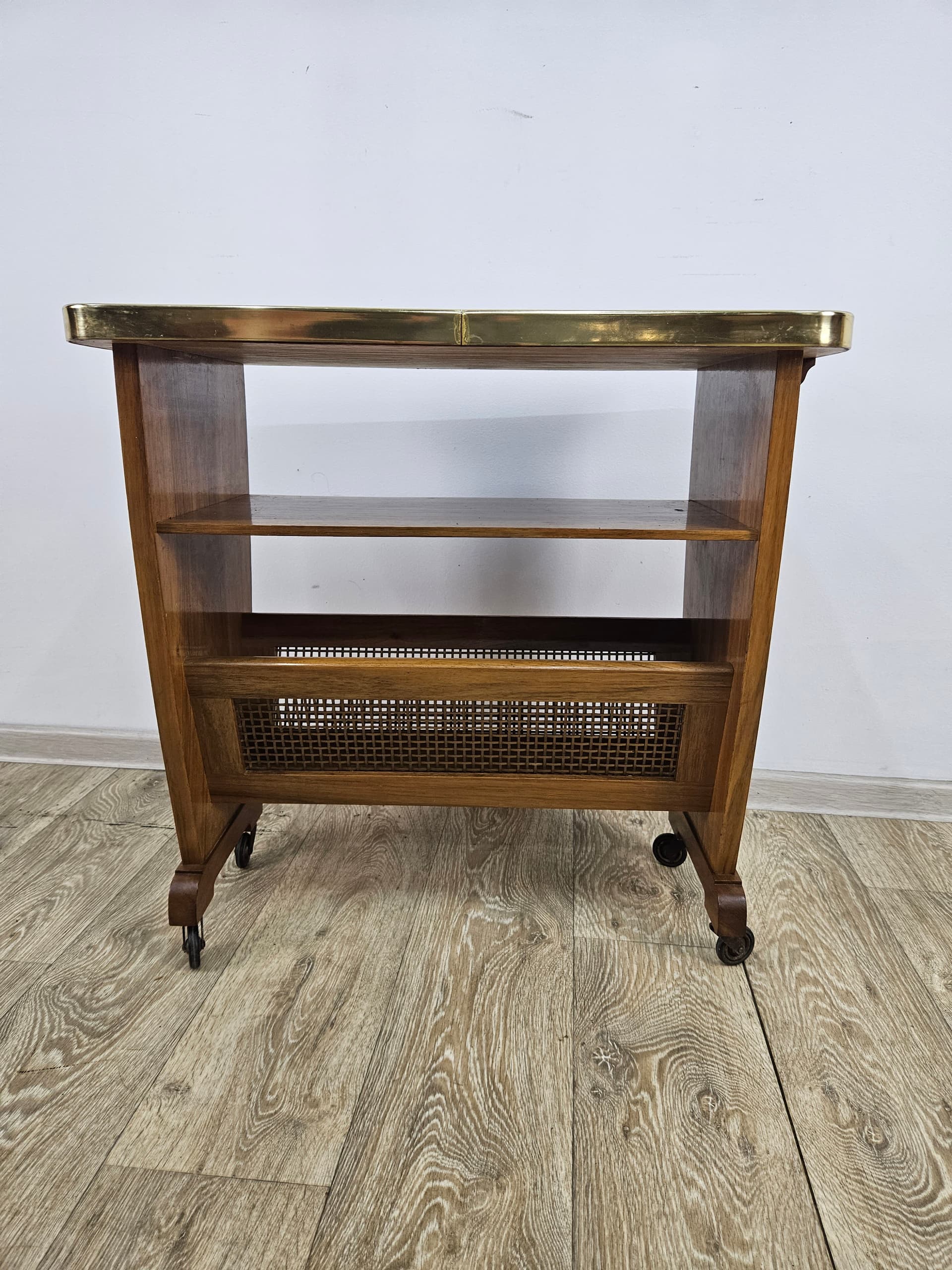 Side Table with Magazine Rack, brown wood, beige rattan, Germany, 1960s. - 362734