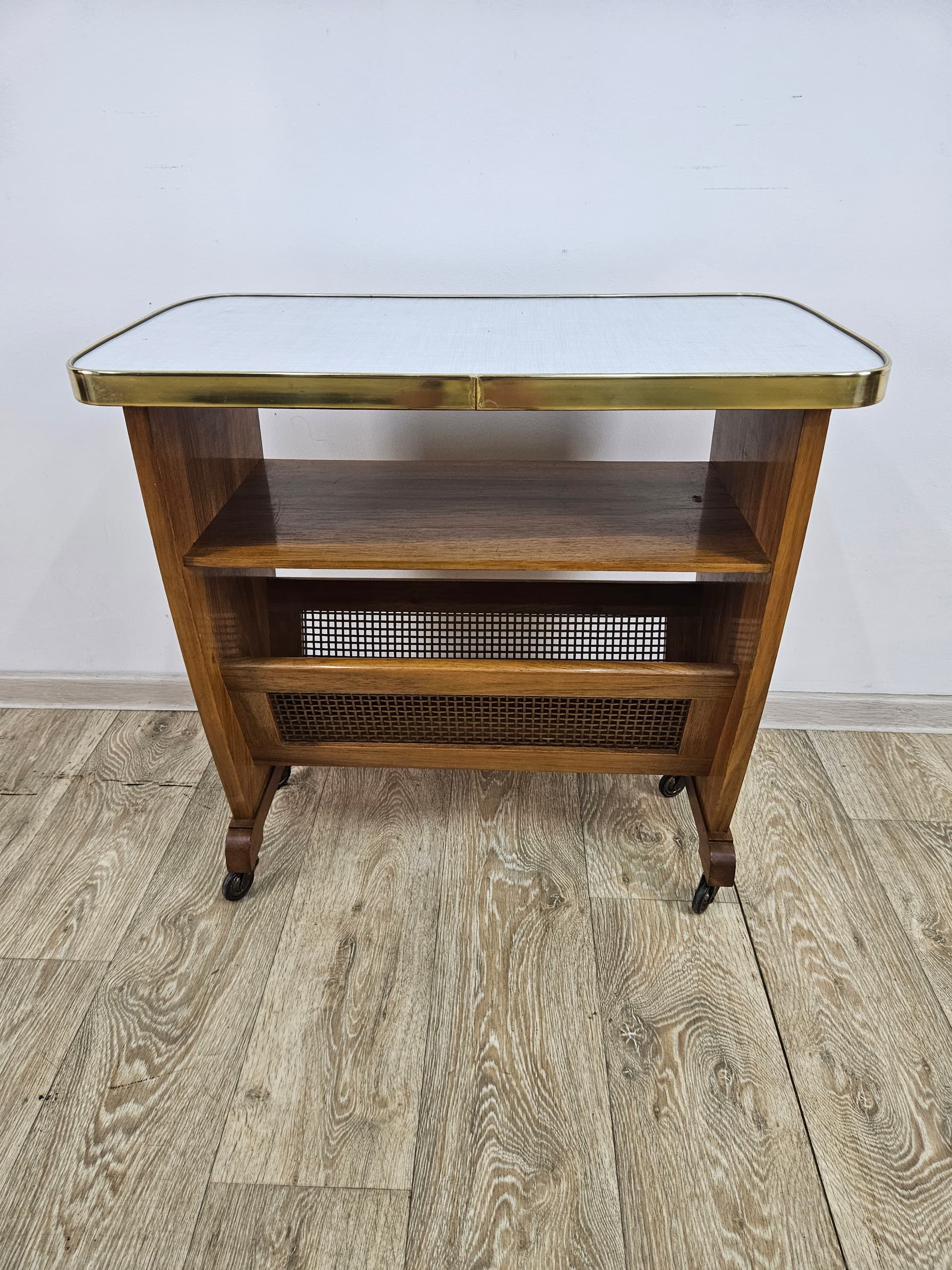 Side Table with Magazine Rack, brown wood, beige rattan, Germany, 1960s. - 362730