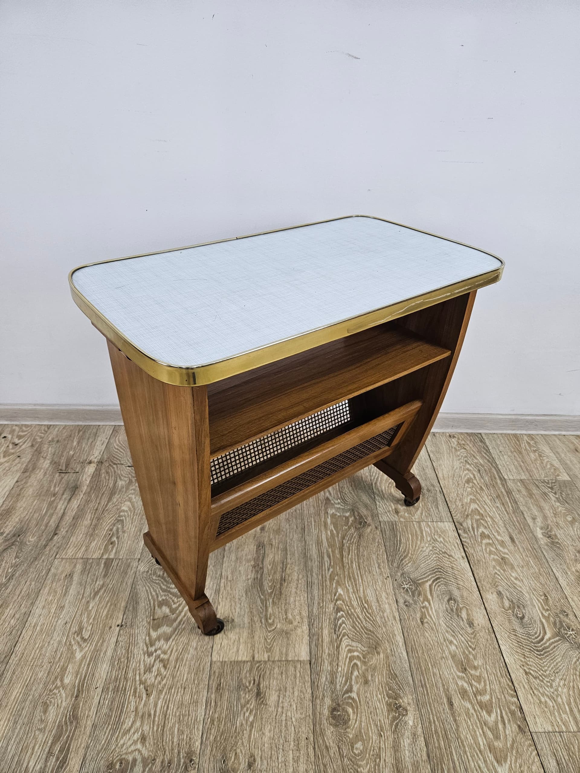 Side Table with Magazine Rack, brown wood, beige rattan, Germany, 1960s. - 362727