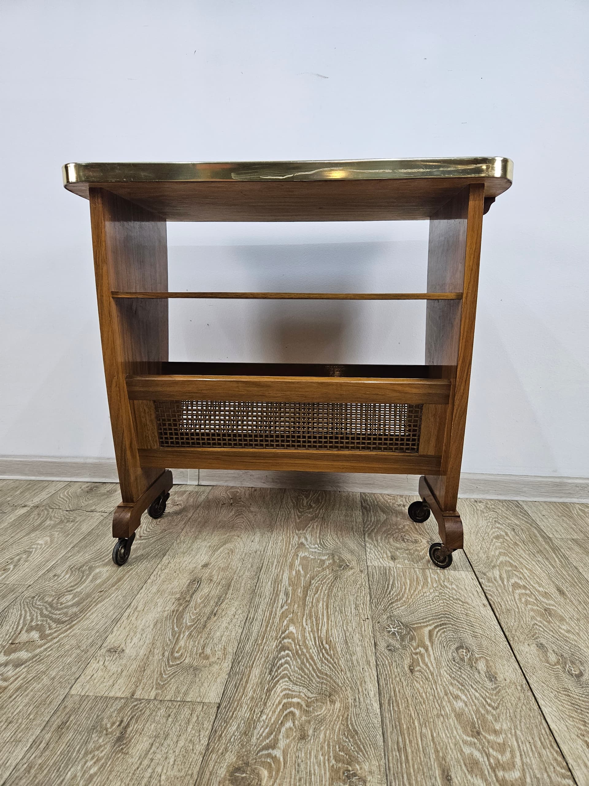 Side Table with Magazine Rack, brown wood, beige rattan, Germany, 1960s. - 362731