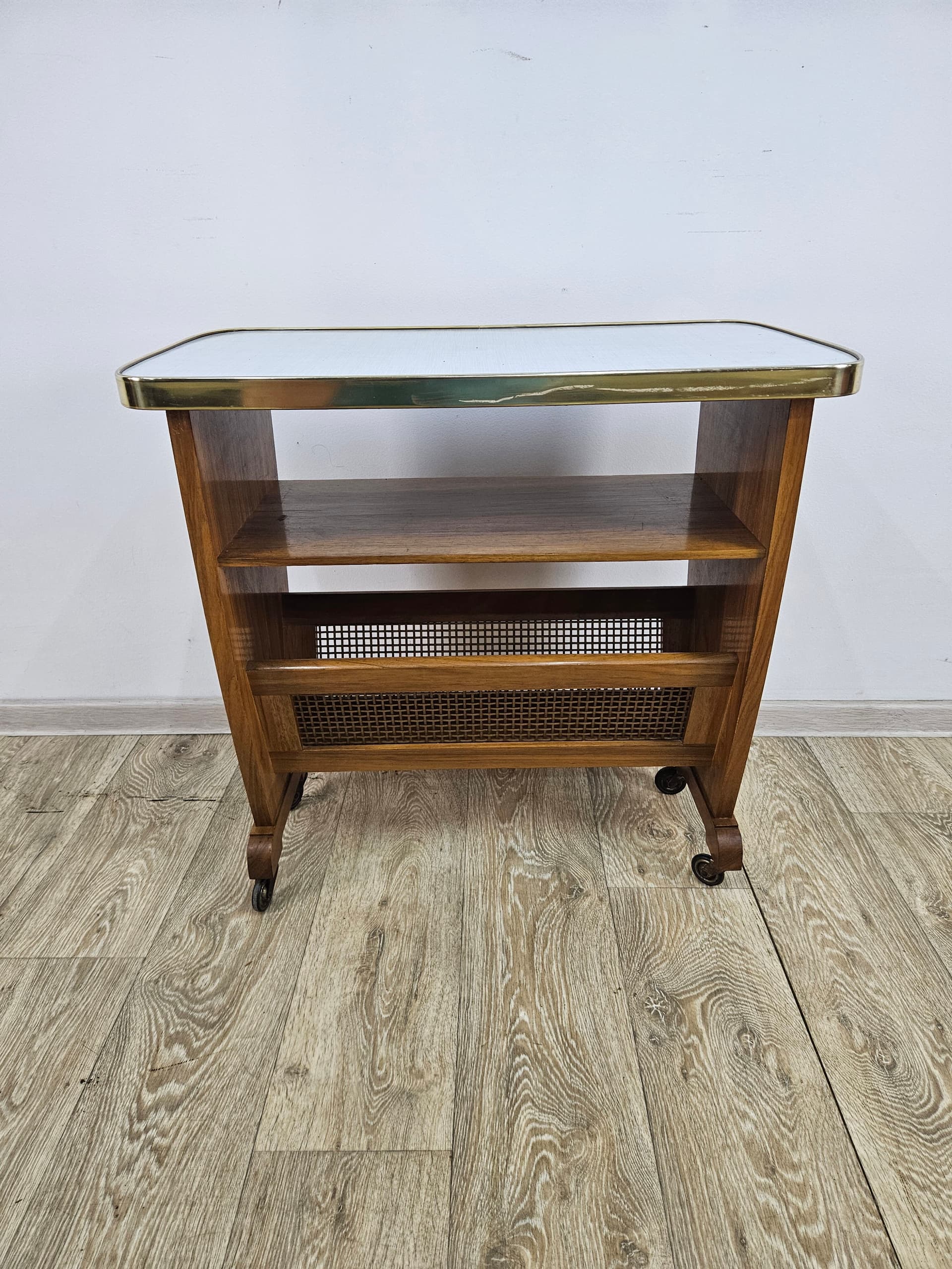 Side Table with Magazine Rack, brown wood, beige rattan, Germany, 1960s. - 362728