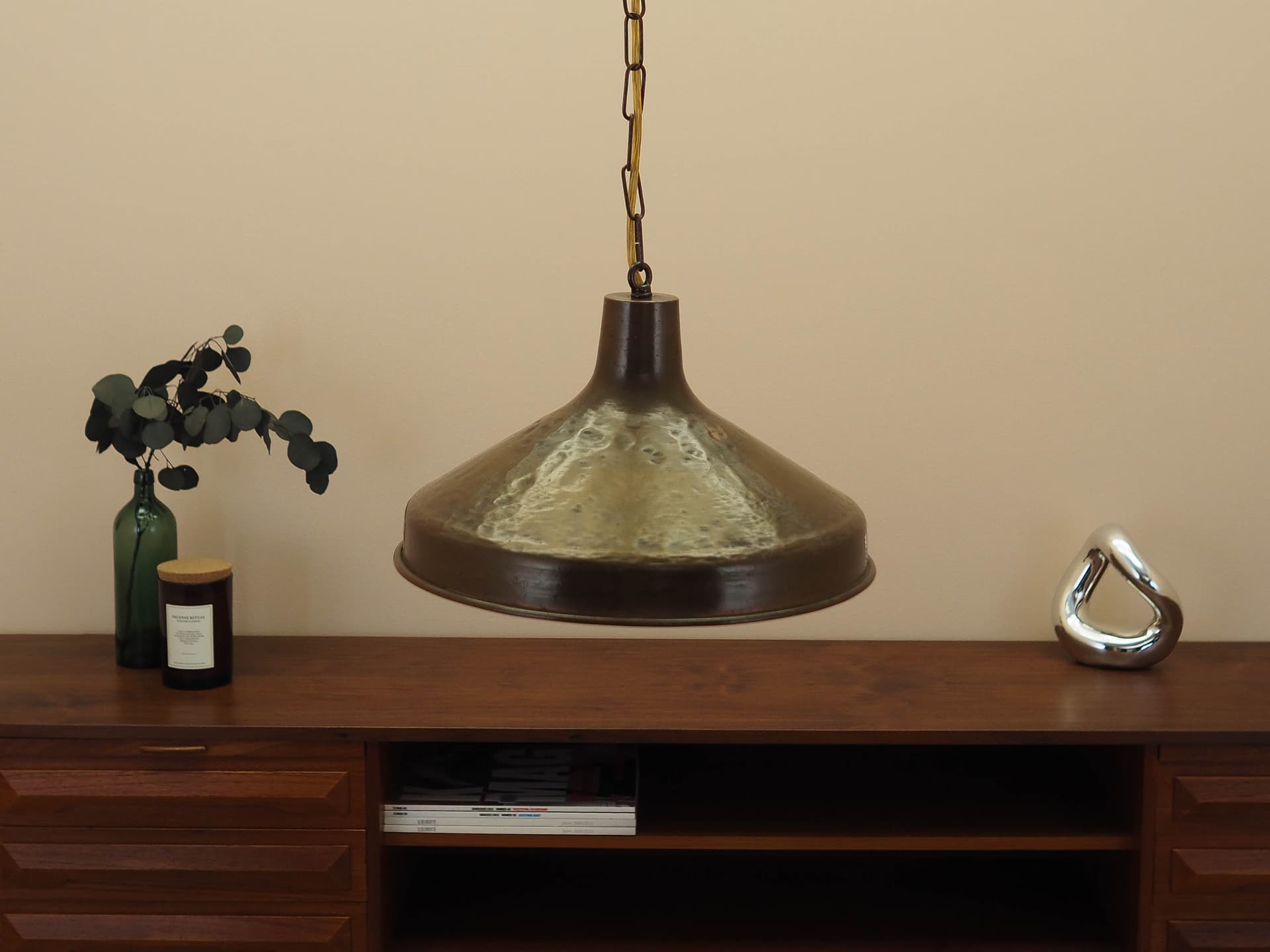 Pendant lamp, conical, brass gold, Denmark, 1960s. - 362813
