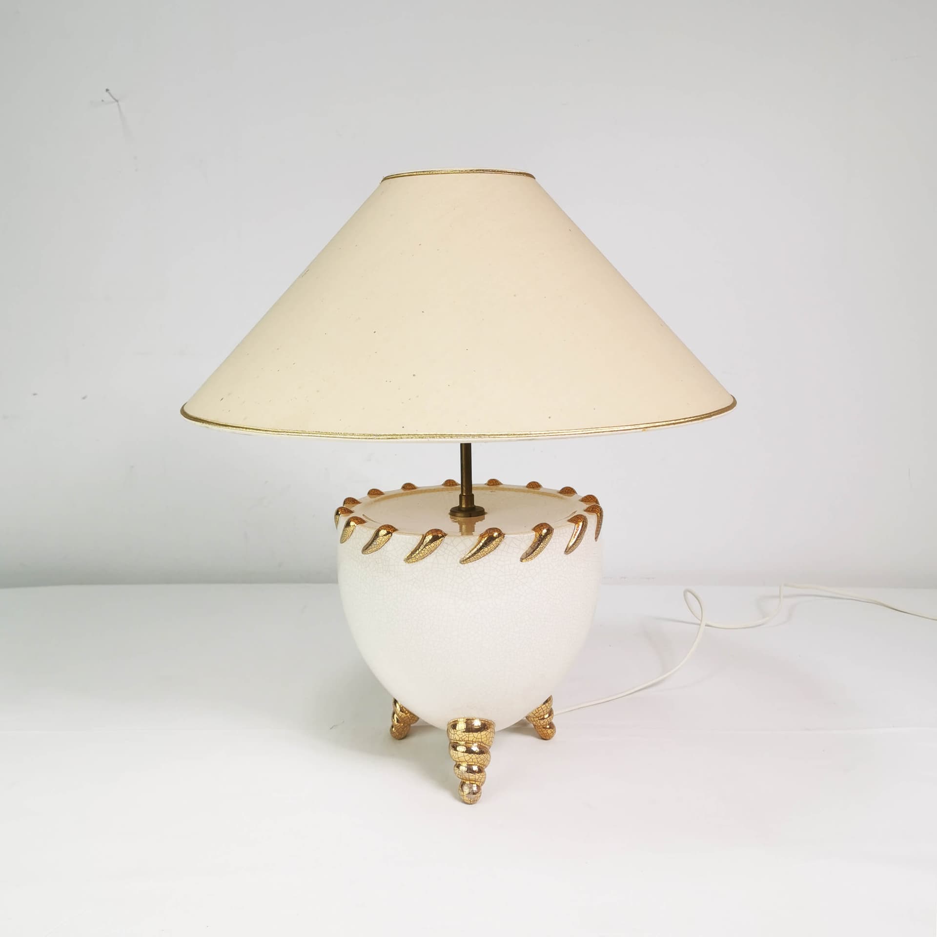 Table Lamp Kostka, white ceramic, cream fabric, gold metal, France, 1960s - 362824