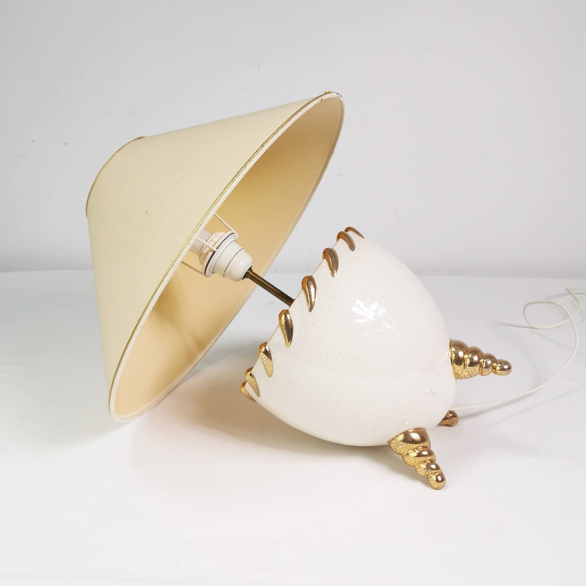 Table Lamp Kostka, white ceramic, cream fabric, gold metal, France, 1960s - 362823