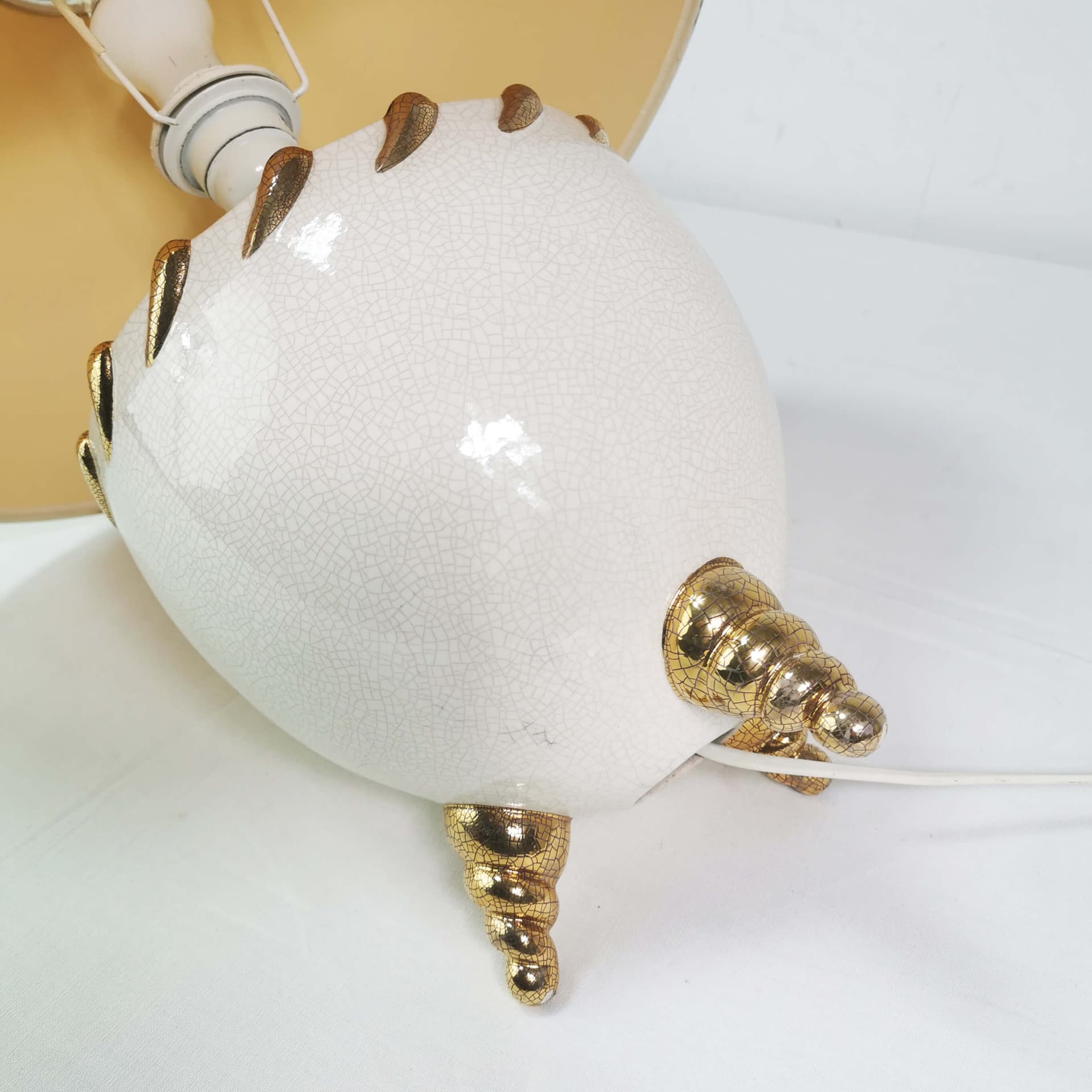 Table Lamp Kostka, white ceramic, cream fabric, gold metal, France, 1960s - 362827