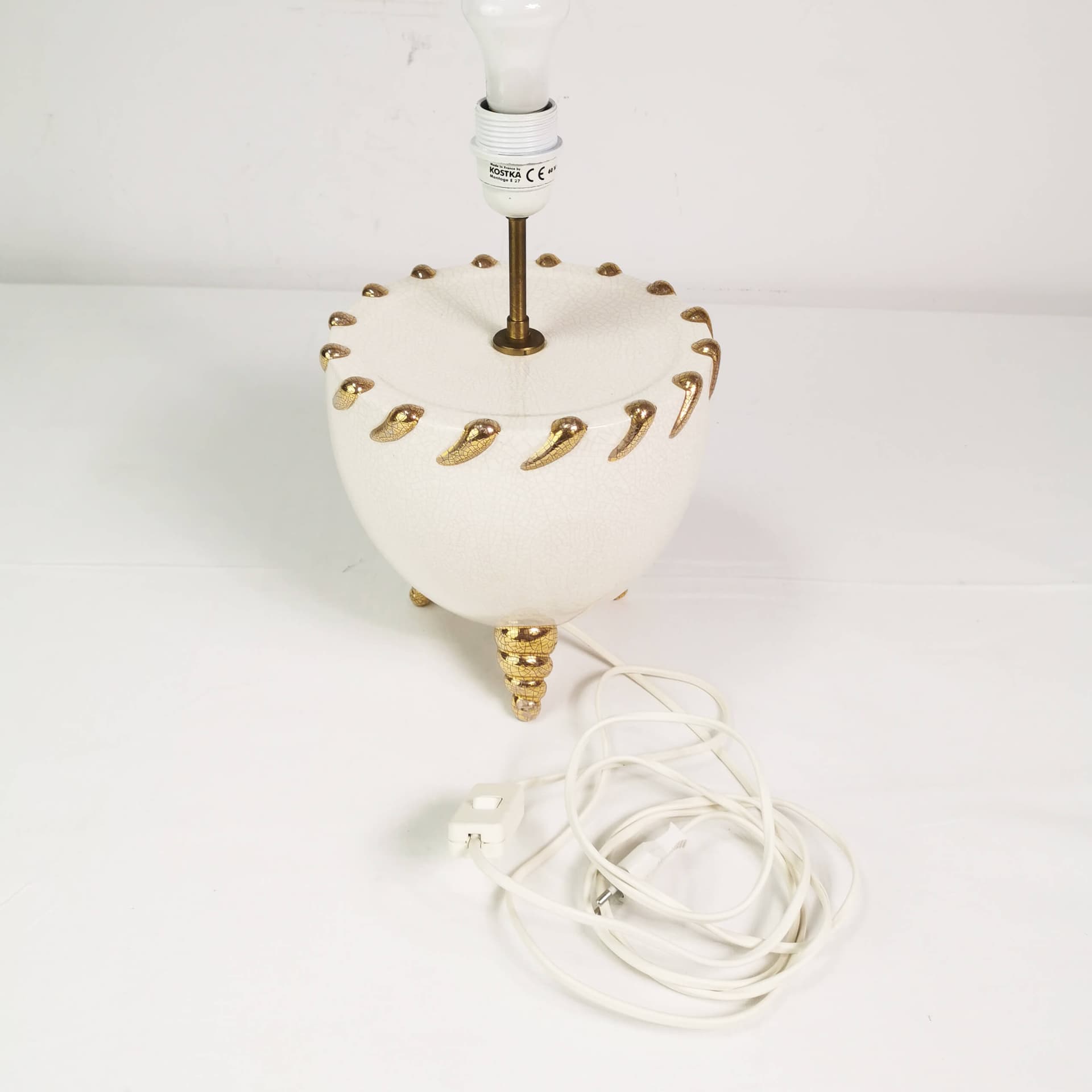 Table Lamp Kostka, white ceramic, cream fabric, gold metal, France, 1960s - 362826