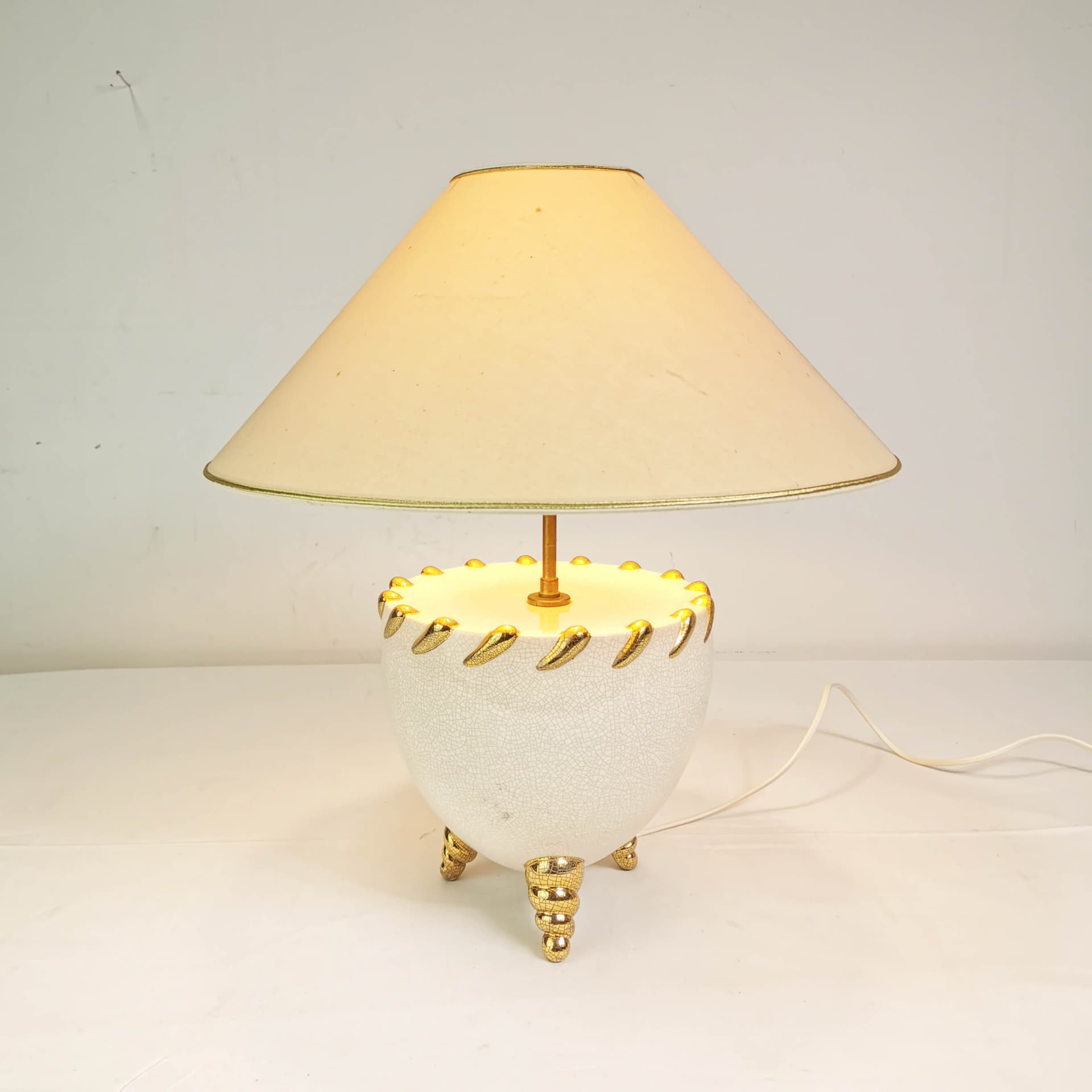 Table Lamp Kostka, white ceramic, cream fabric, gold metal, France, 1960s - 362825