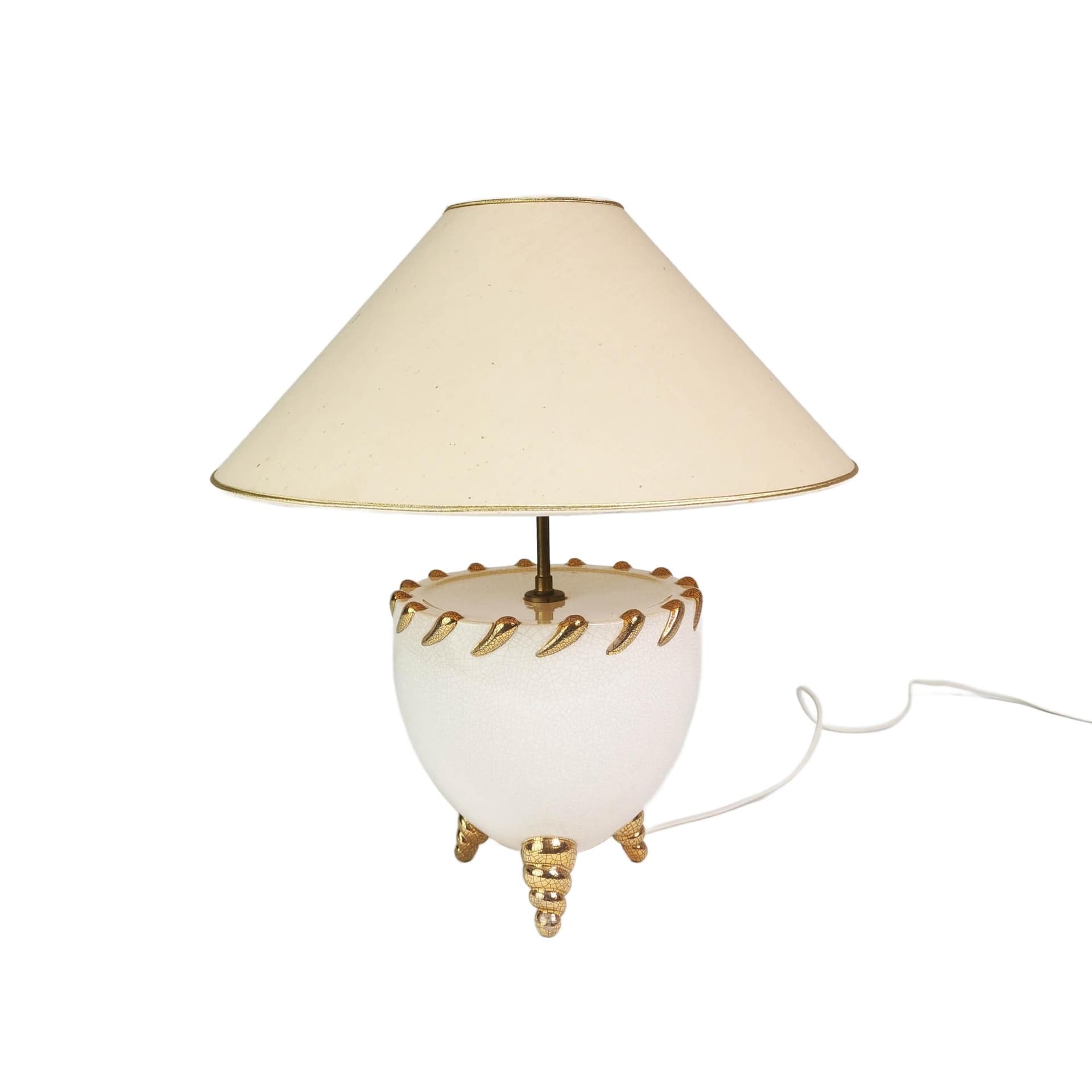 Table Lamp Kostka, white ceramic, cream fabric, gold metal, France, 1960s