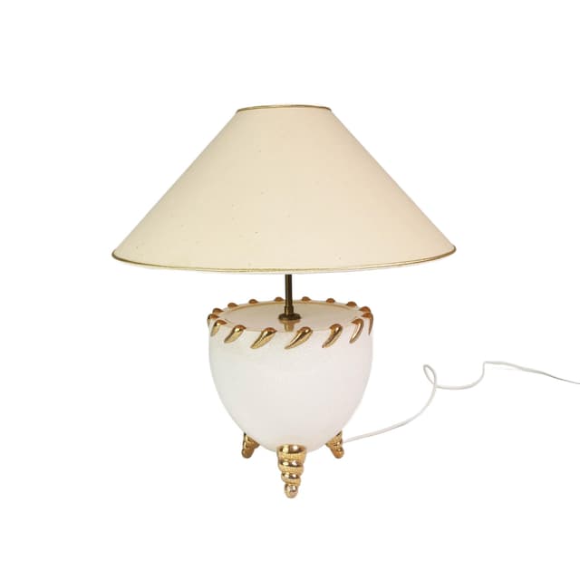 Table Lamp Kostka, white ceramic, cream fabric, gold metal, France, 1960s - DIMENSION