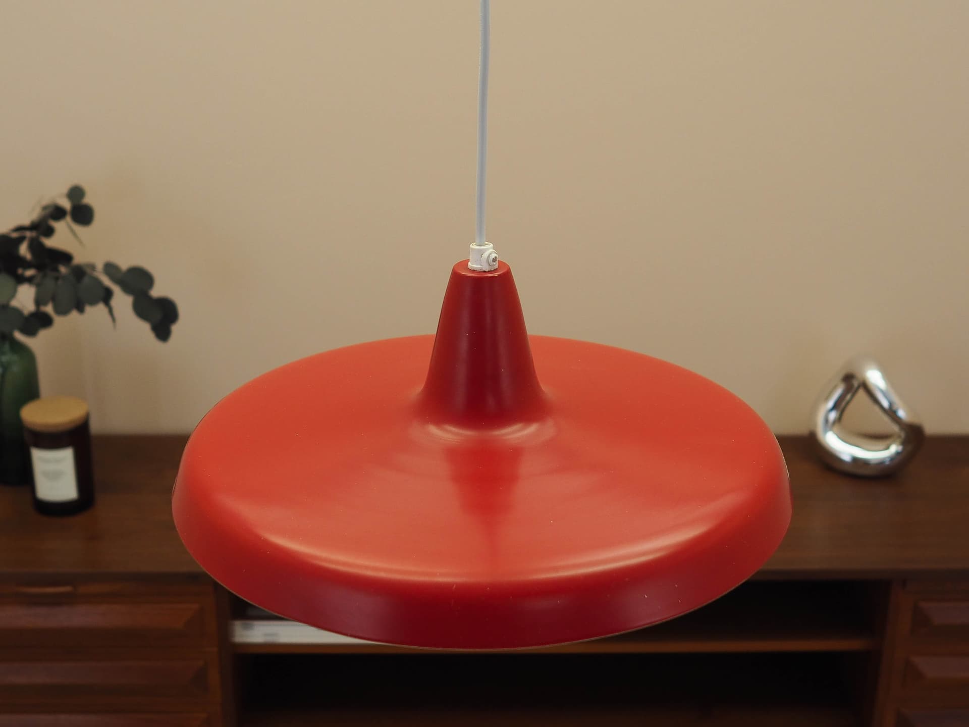 Pendant lamp, red metal, Denmark, 1960s. - 362848