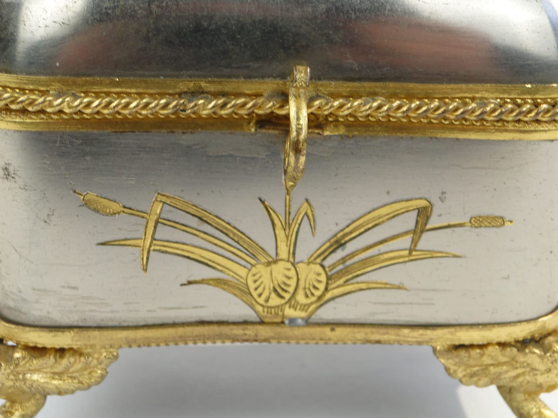 Szkatułka na biżuterię Japonizm, srebrny złoty, metal, jedwab, Francja, XIX w. - 362859