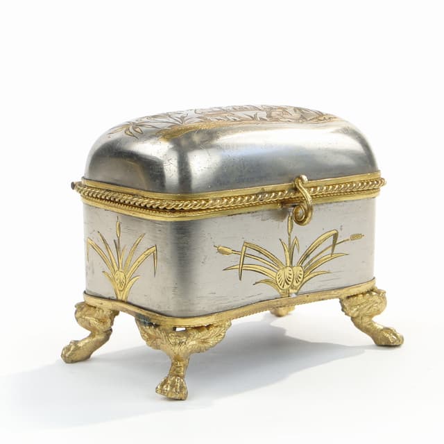 Szkatułka na biżuterię Japonizm, srebrny złoty, metal, jedwab, Francja, XIX w. - WYMIARY