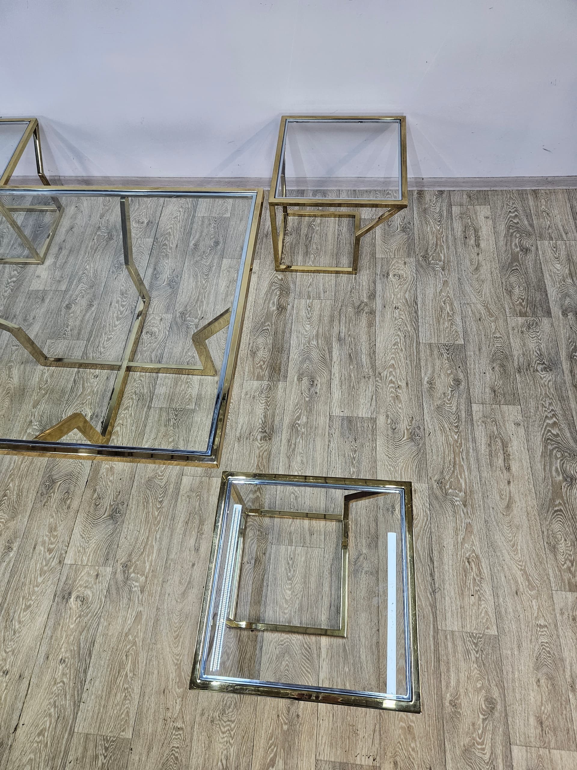 Set of five tables Maison Charles, gold brass, clear glass, France, 1970s - 362877