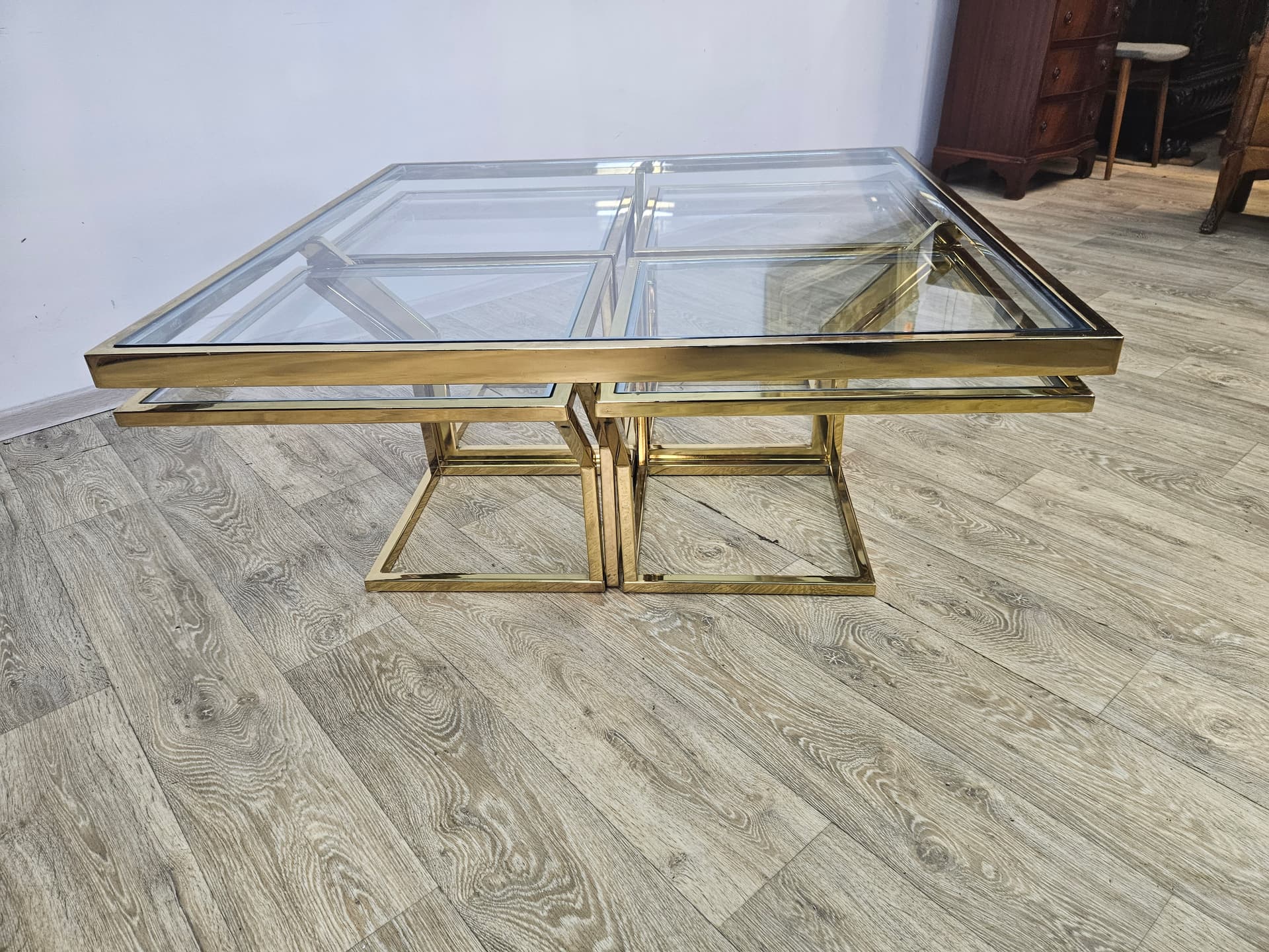 Set of five tables Maison Charles, gold brass, clear glass, France, 1970s - 362879
