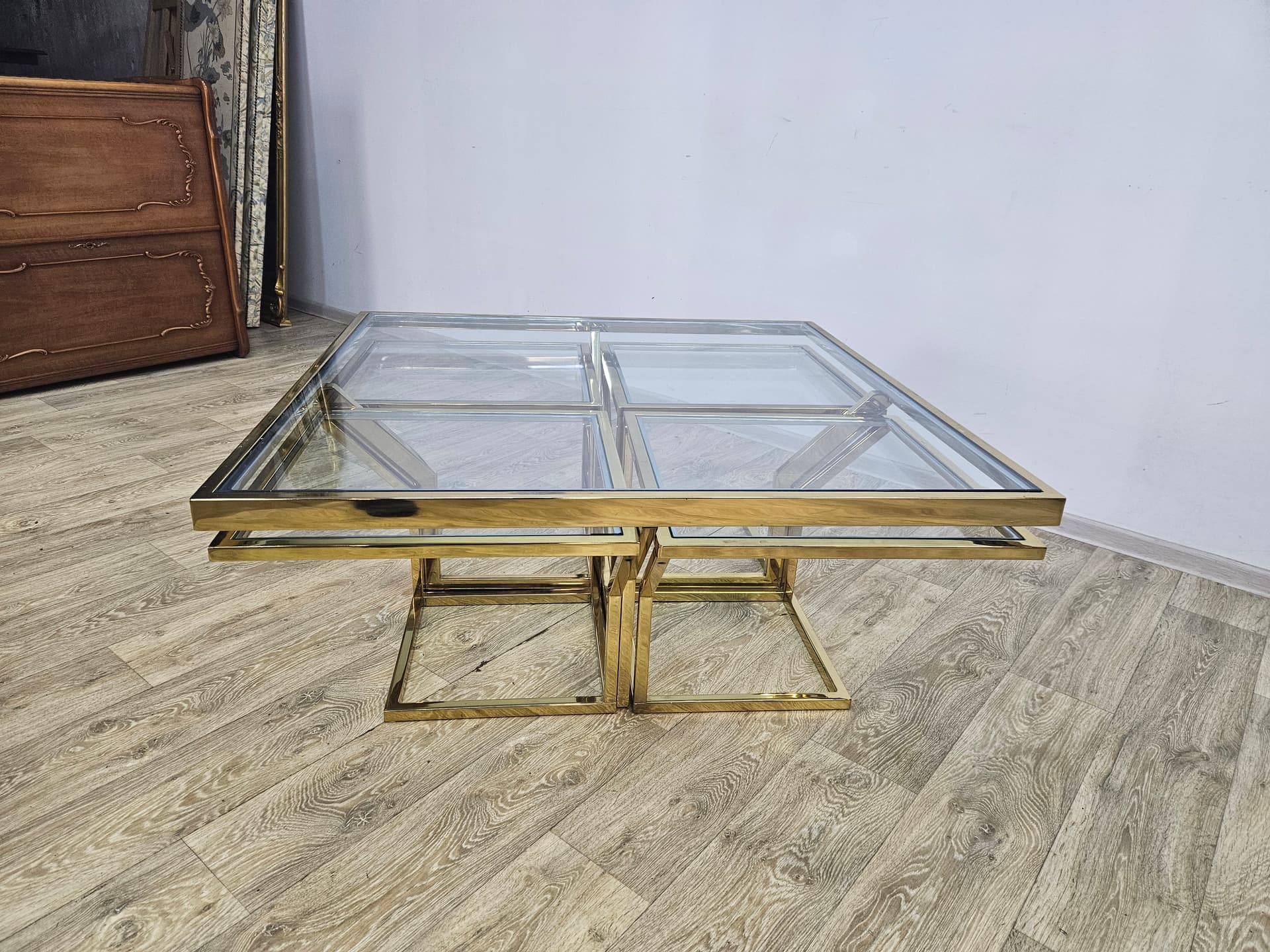 Set of five tables Maison Charles, gold brass, clear glass, France, 1970s - 362873