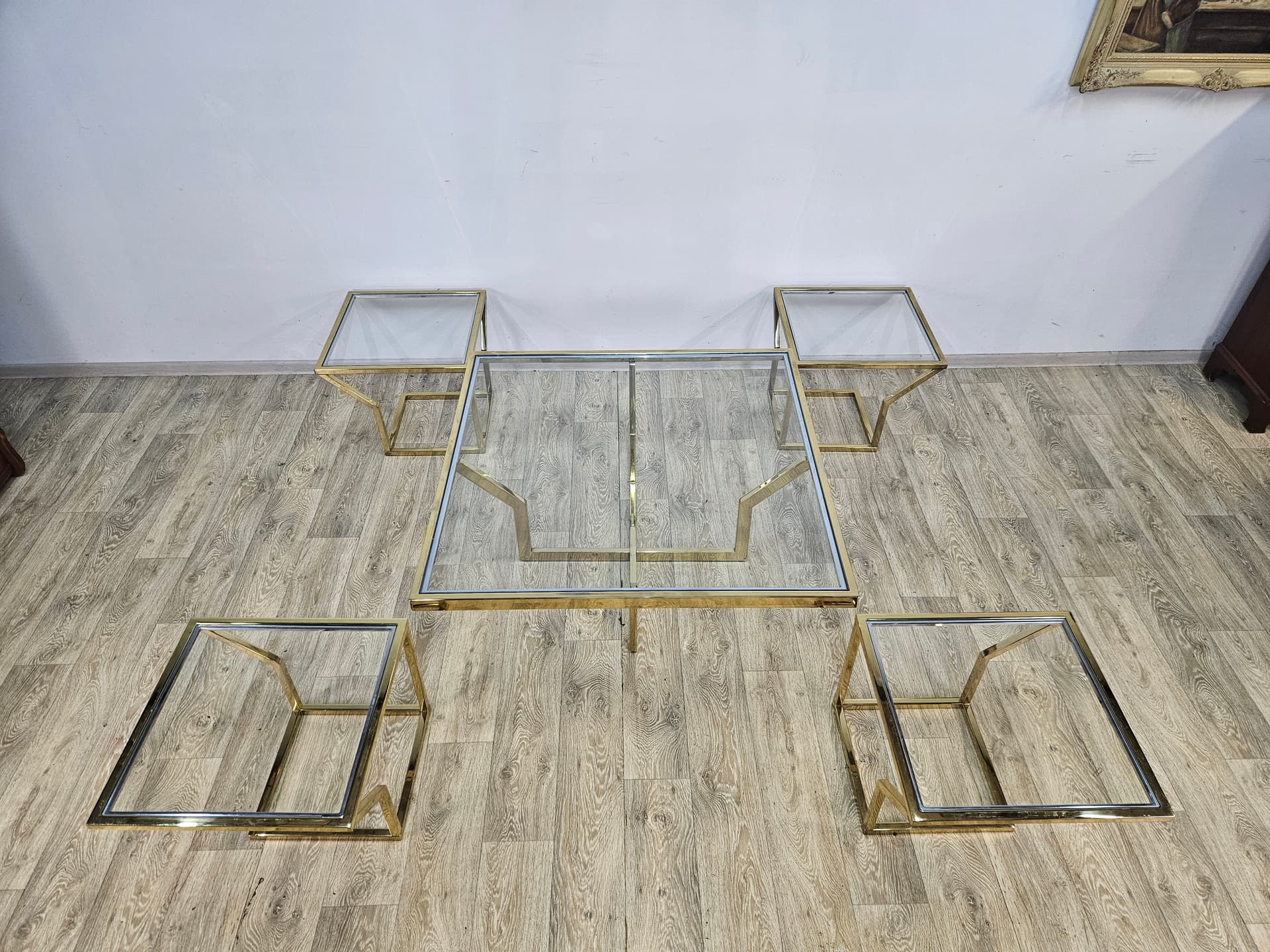 Set of five tables Maison Charles, gold brass, clear glass, France, 1970s - 362880