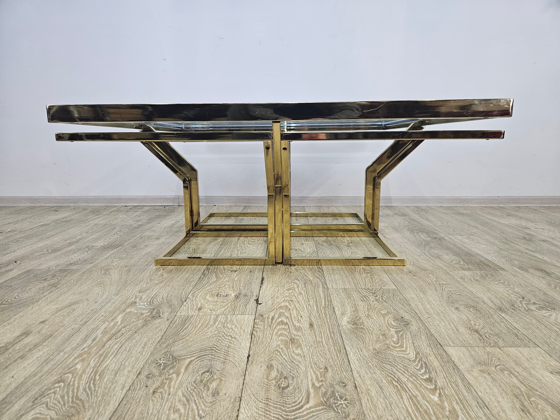 Set of five tables Maison Charles, gold brass, clear glass, France, 1970s - 362874