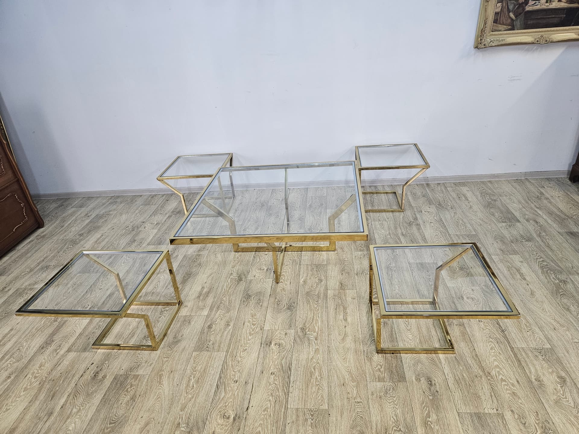 Set of five tables Maison Charles, gold brass, clear glass, France, 1970s - 362883
