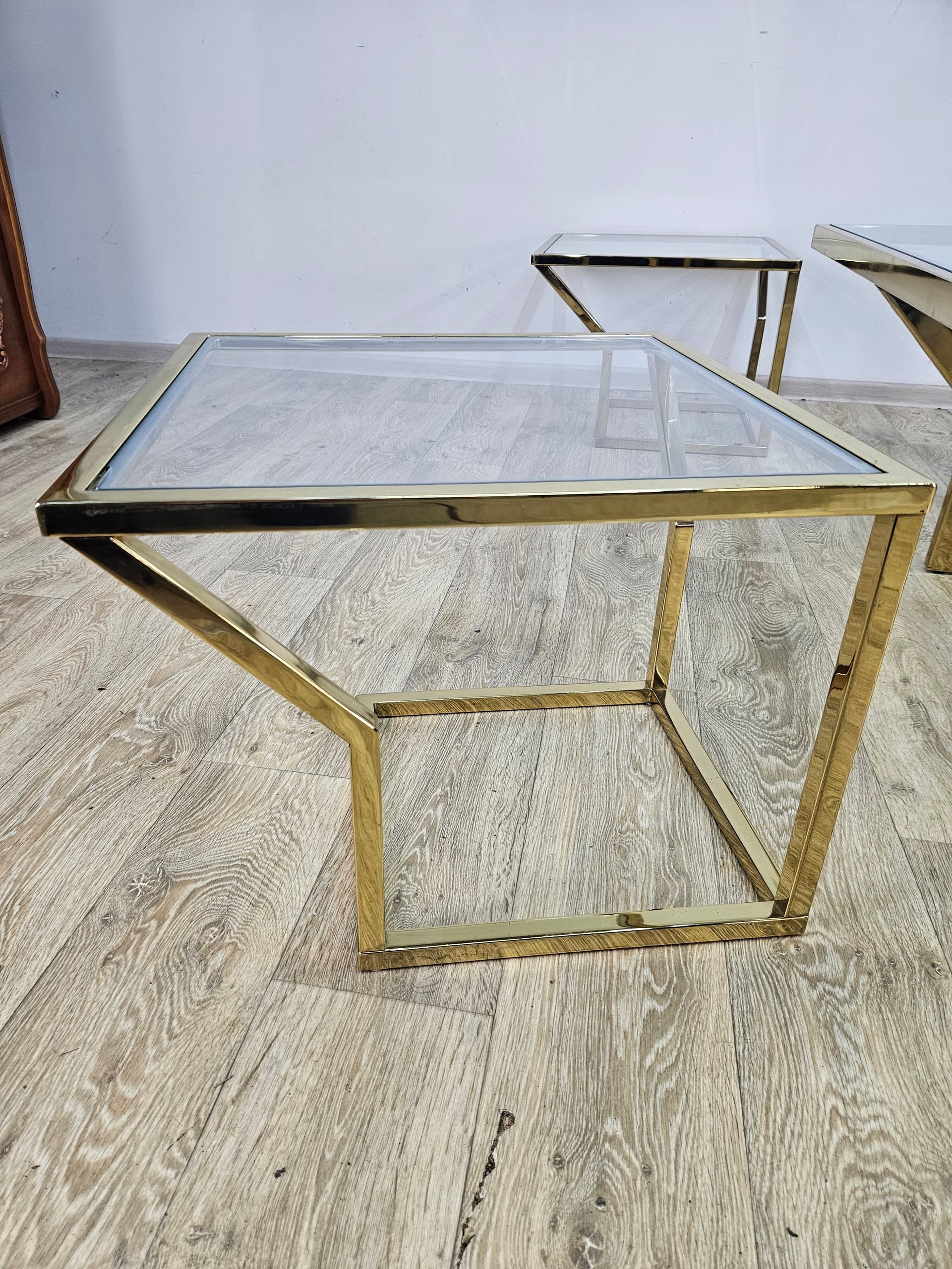 Set of five tables Maison Charles, gold brass, clear glass, France, 1970s - 362875