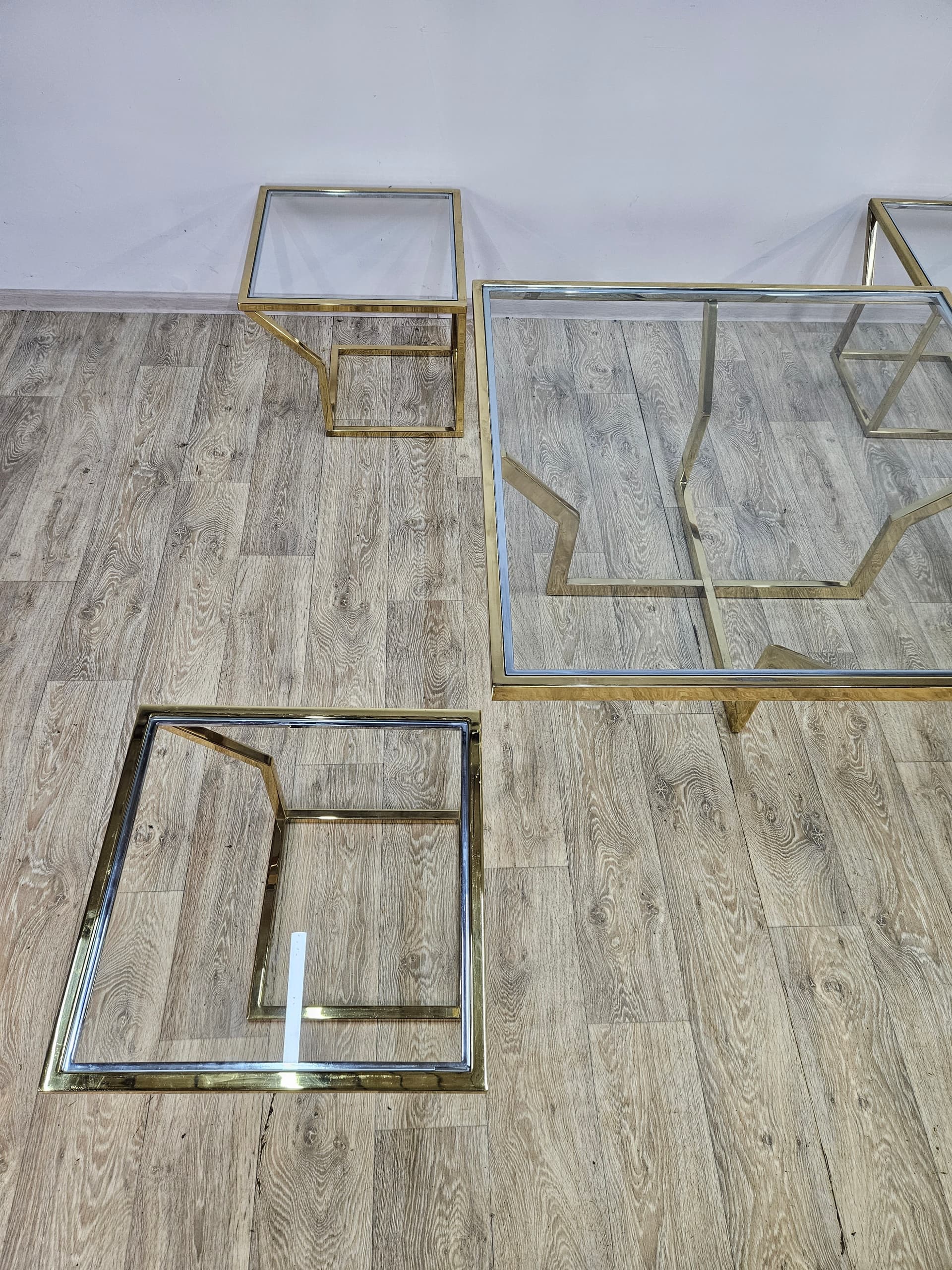 Set of five tables Maison Charles, gold brass, clear glass, France, 1970s - 362876