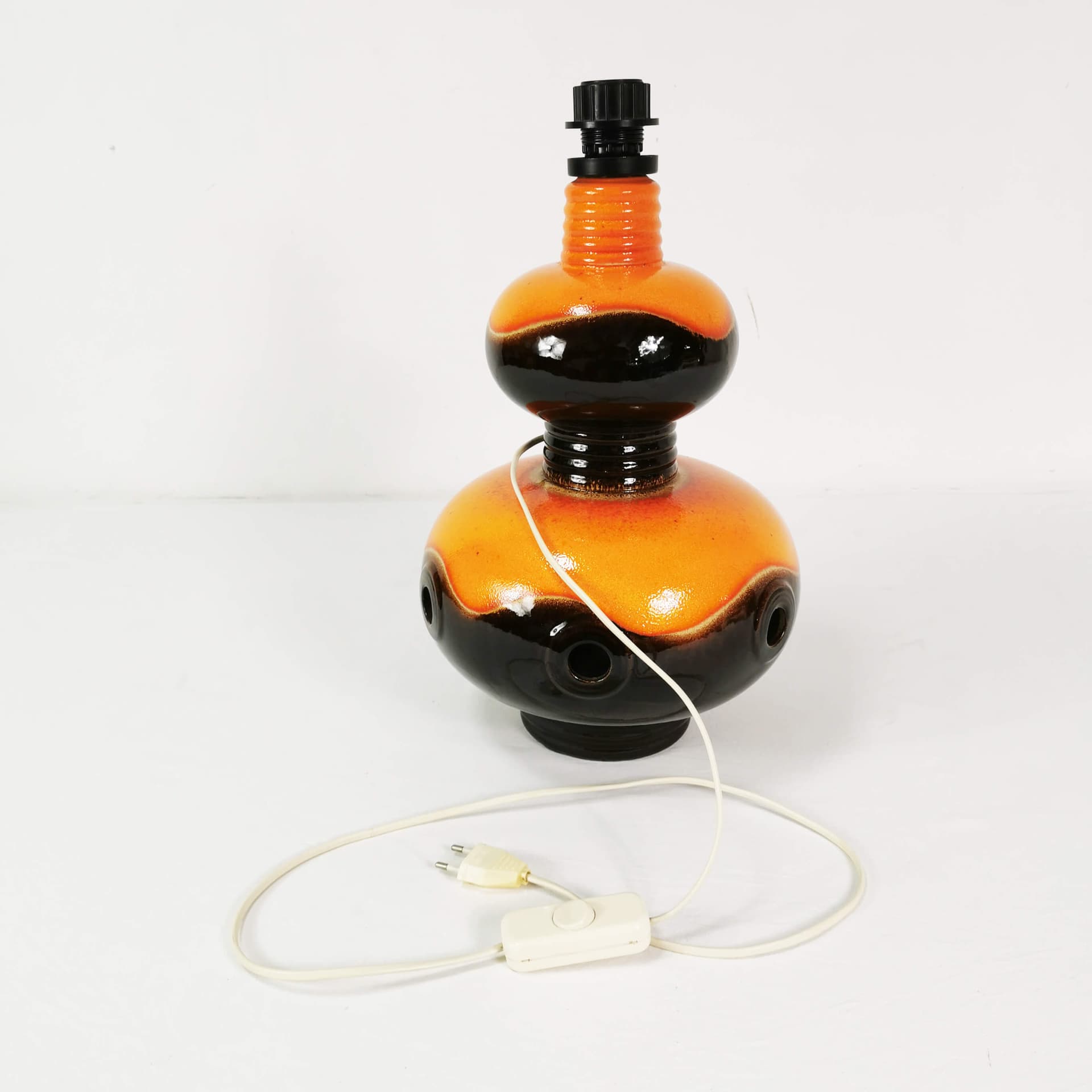 Table lamp, brown orange ceramic, beige black fabric, Germany, 1960s. - 362895