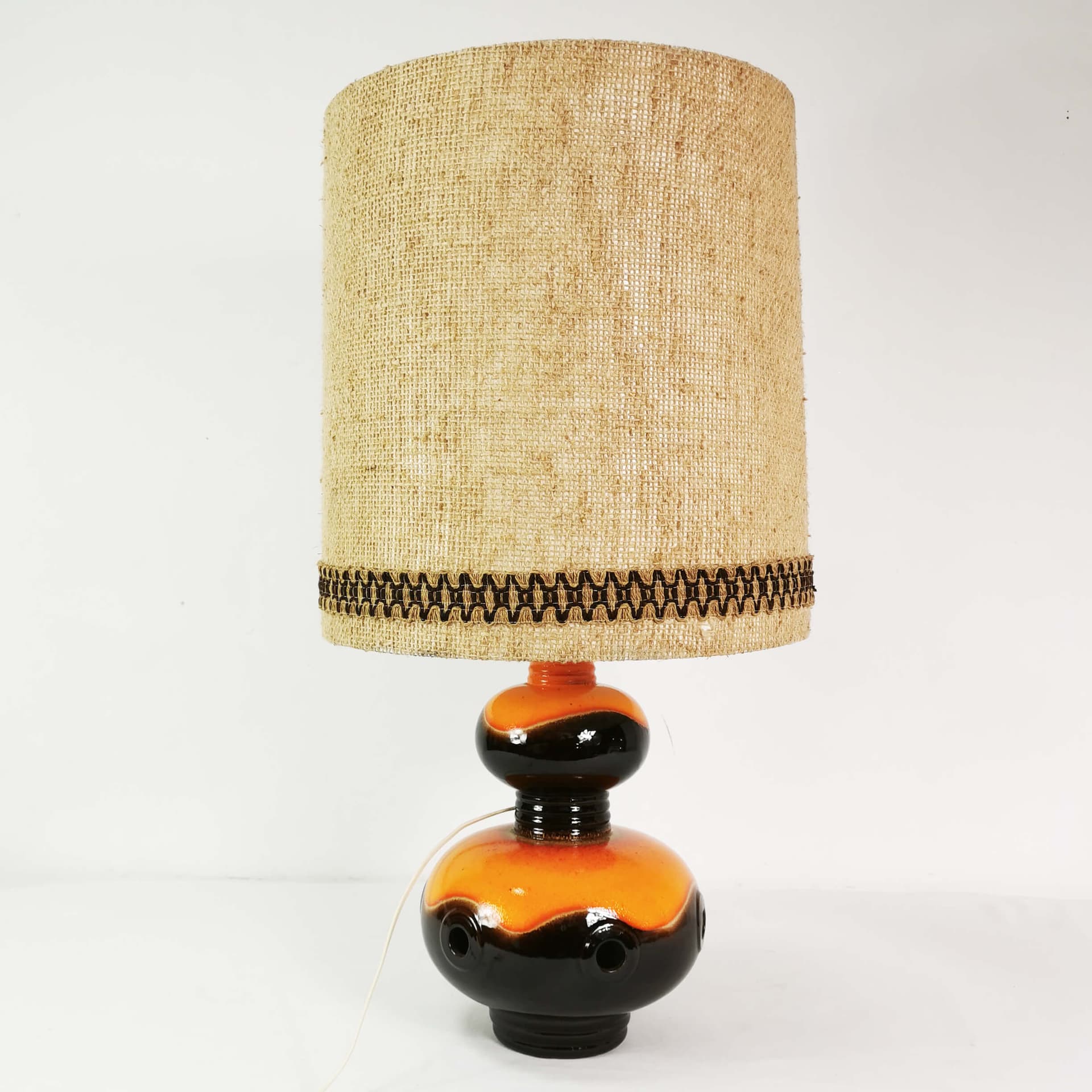 Table lamp, brown orange ceramic, beige black fabric, Germany, 1960s. - 362888