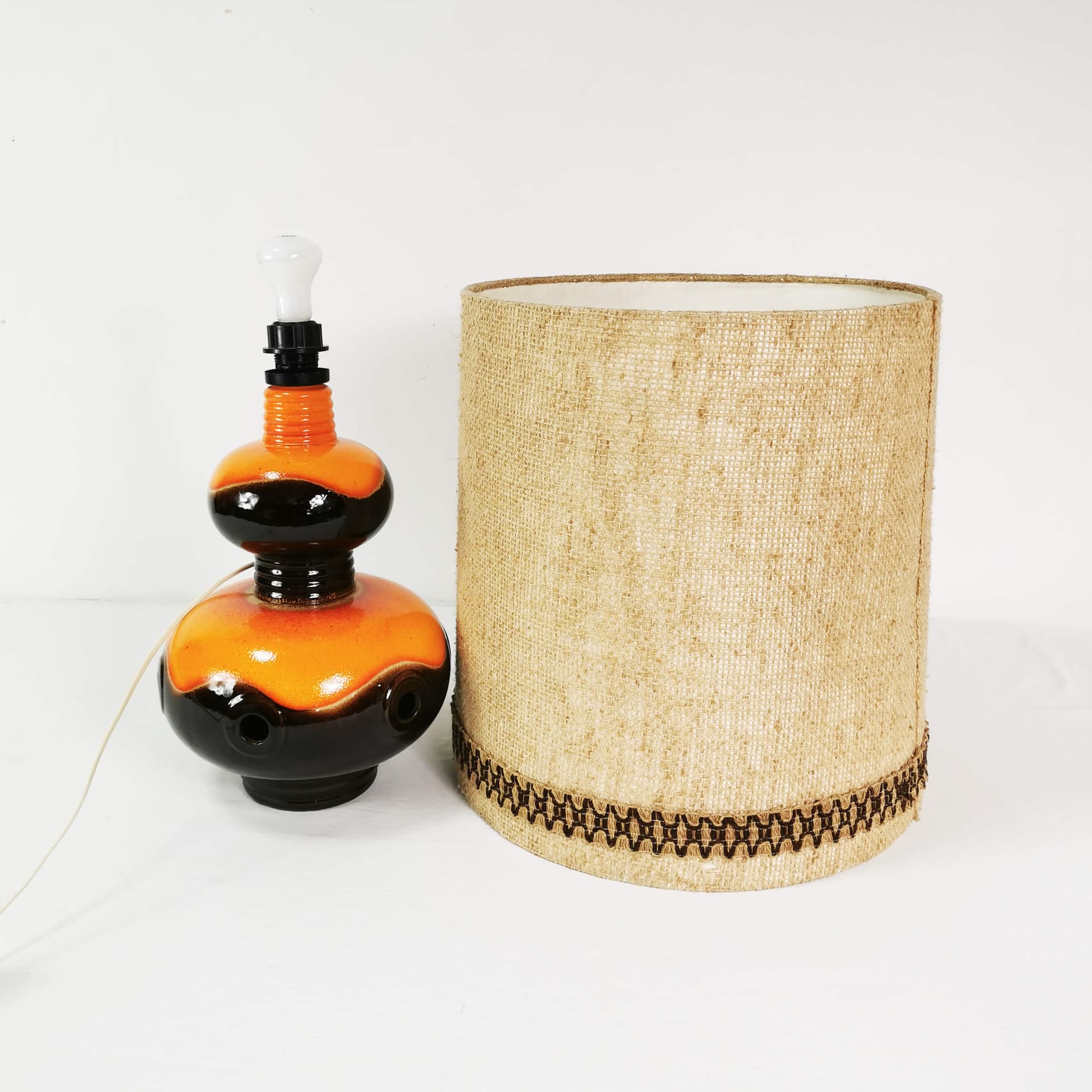 Table lamp, brown orange ceramic, beige black fabric, Germany, 1960s. - 362897