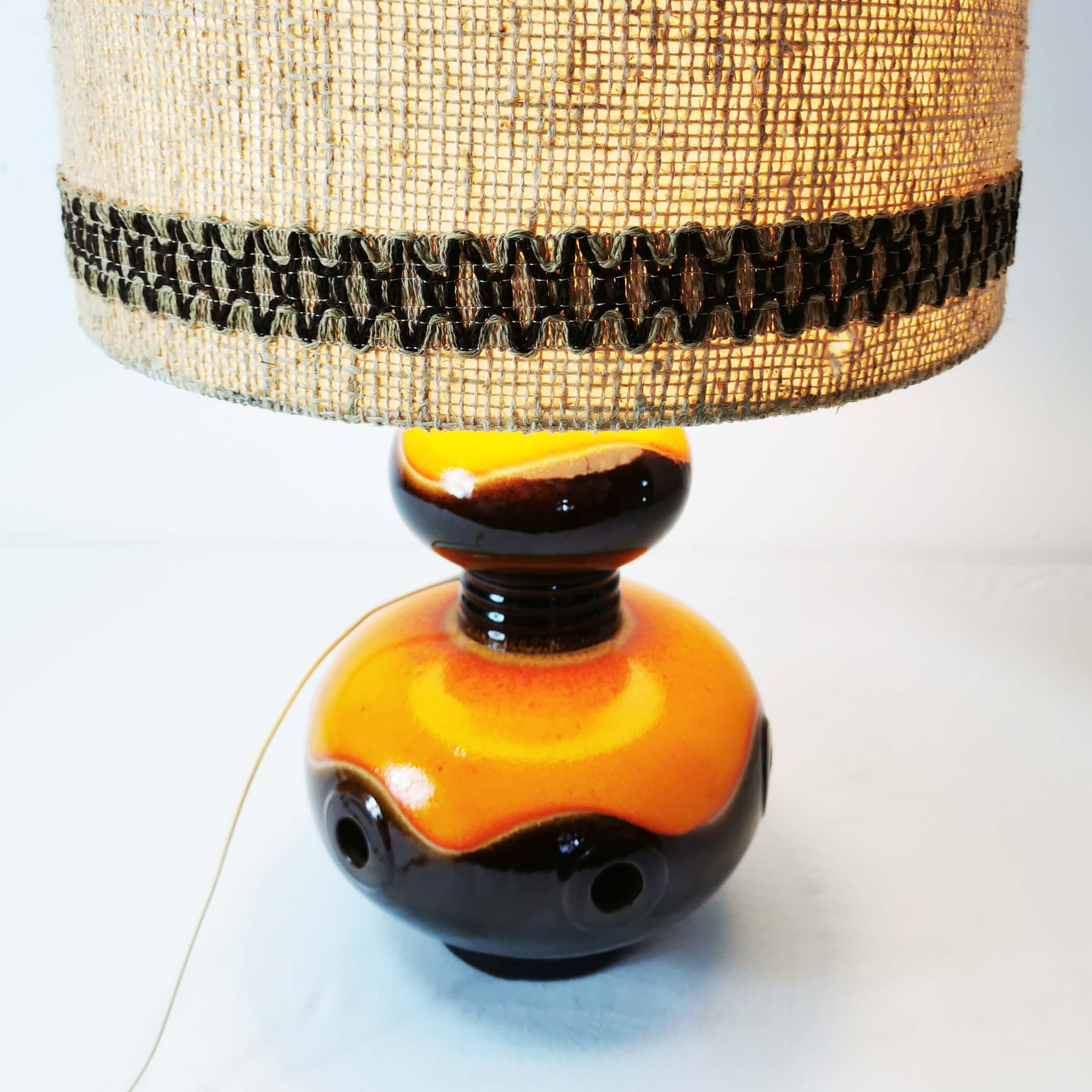 Table lamp, brown orange ceramic, beige black fabric, Germany, 1960s. - 362887
