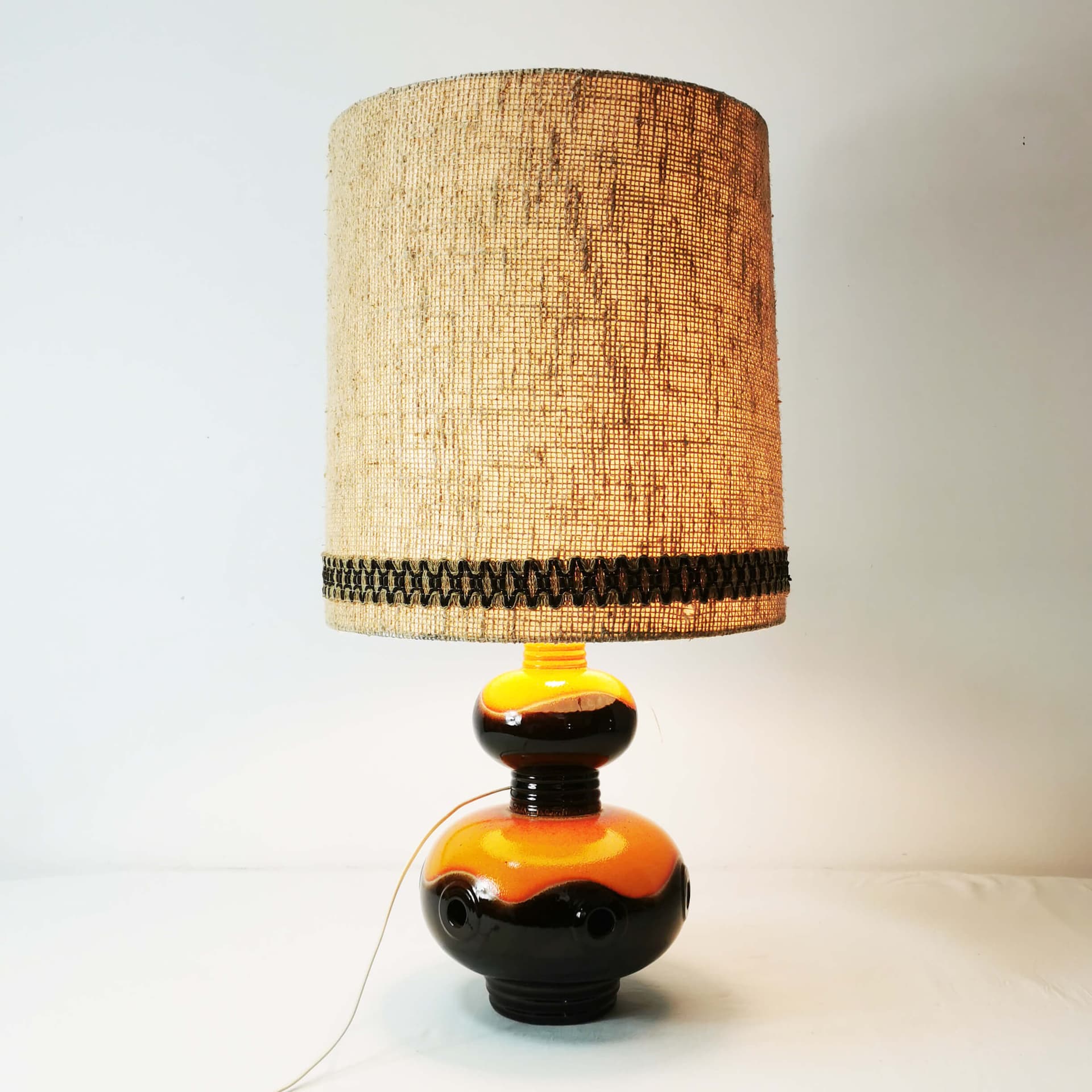 Table lamp, brown orange ceramic, beige black fabric, Germany, 1960s. - 362886