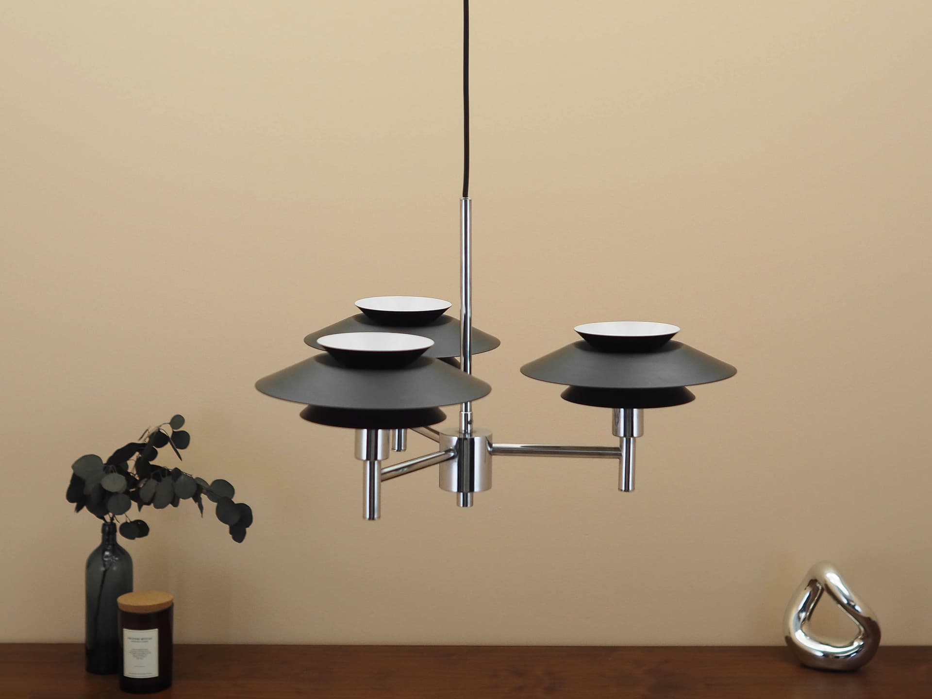 Pendant lamp Genoa, silver stainless steel, black metal, Harald Nyborg A/S, Denmark - 363448