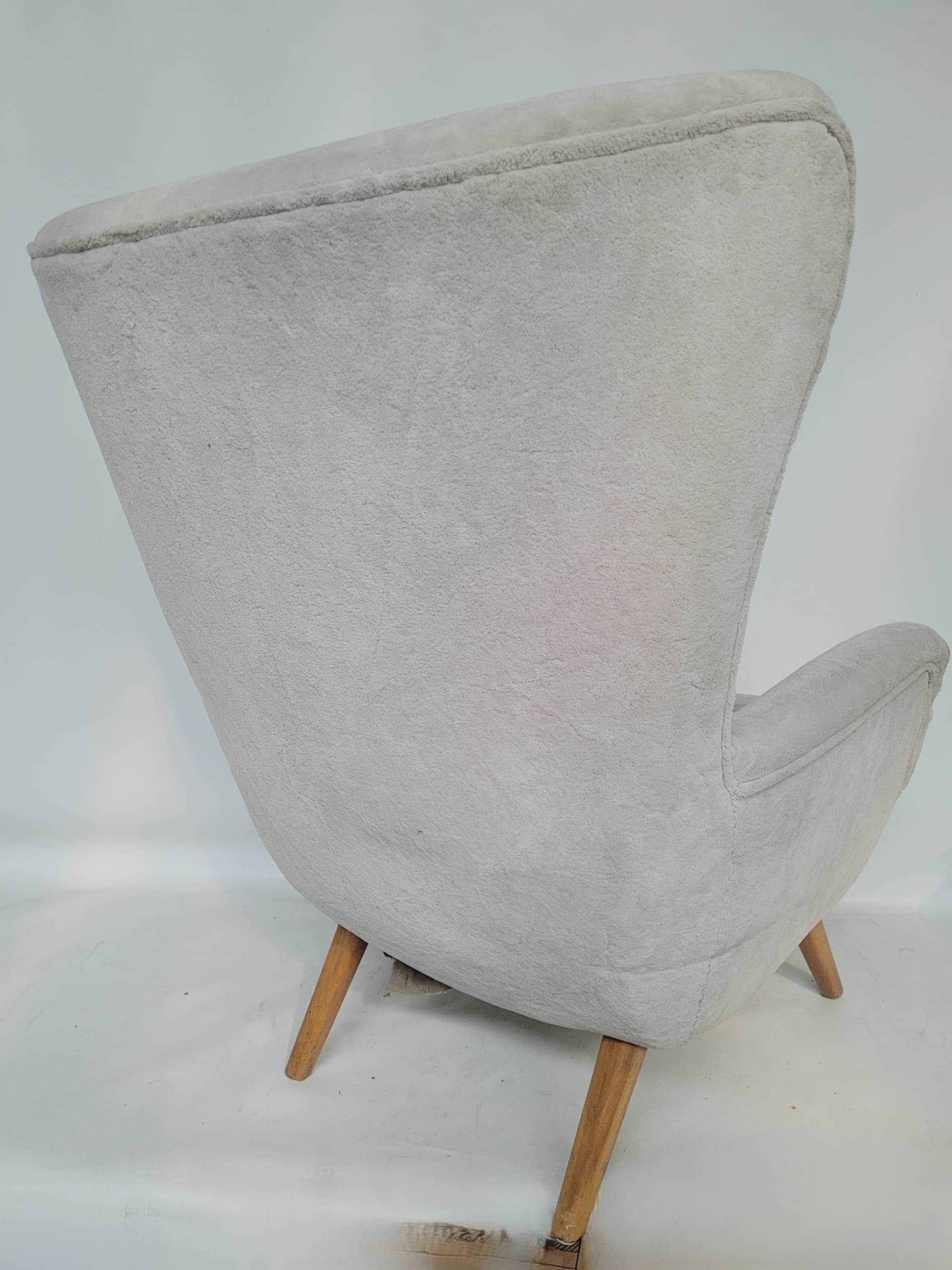 Armchair wingback, beige velvet, light brown wood, Poland, 1960s. - 363506