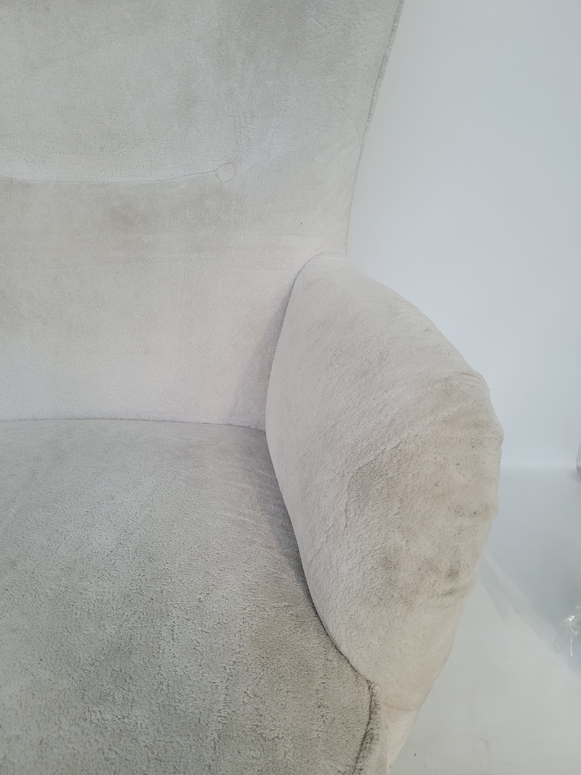 Armchair wingback, beige velvet, light brown wood, Poland, 1960s. - 363516