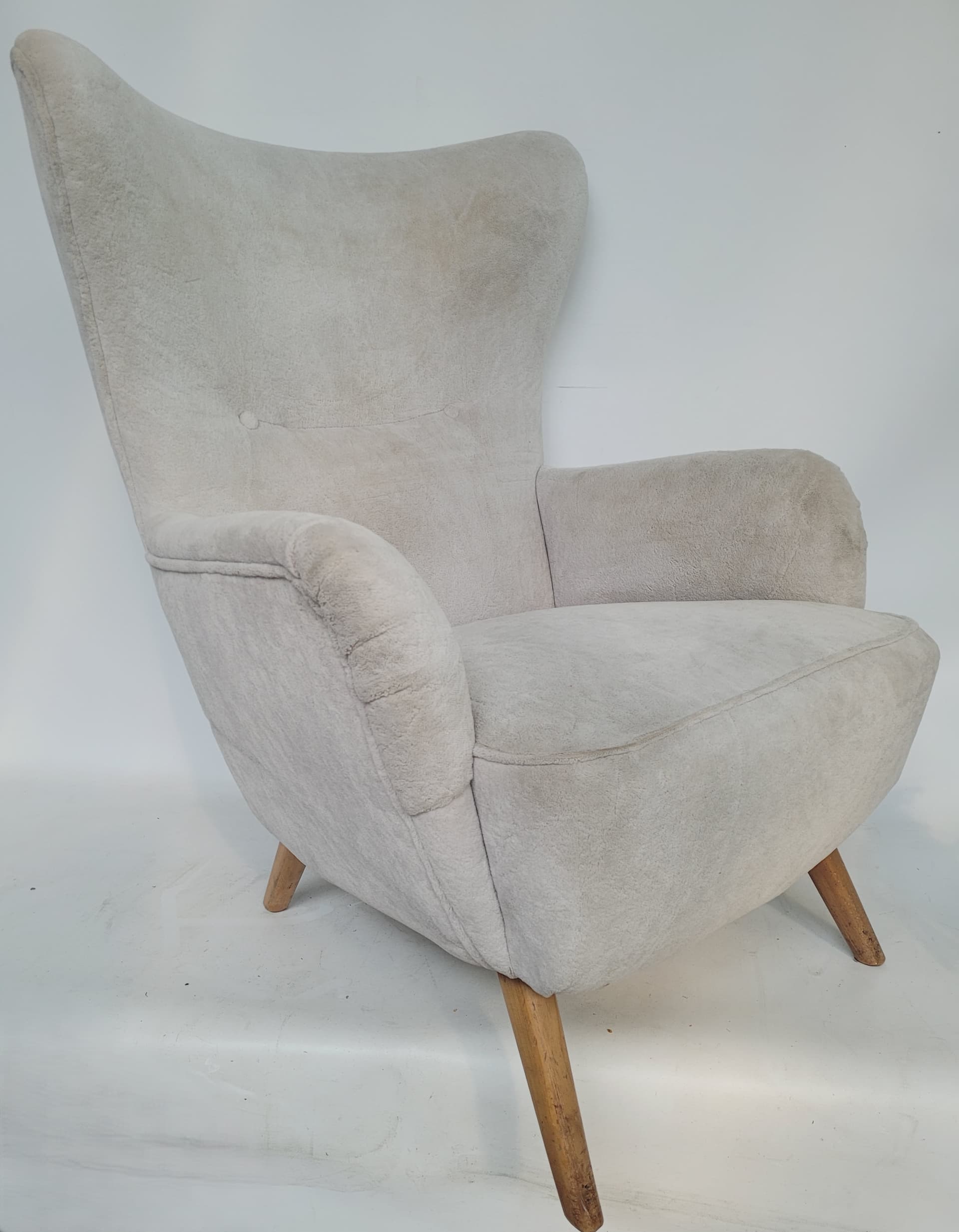 Armchair wingback, beige velvet, light brown wood, Poland, 1960s. - 363503