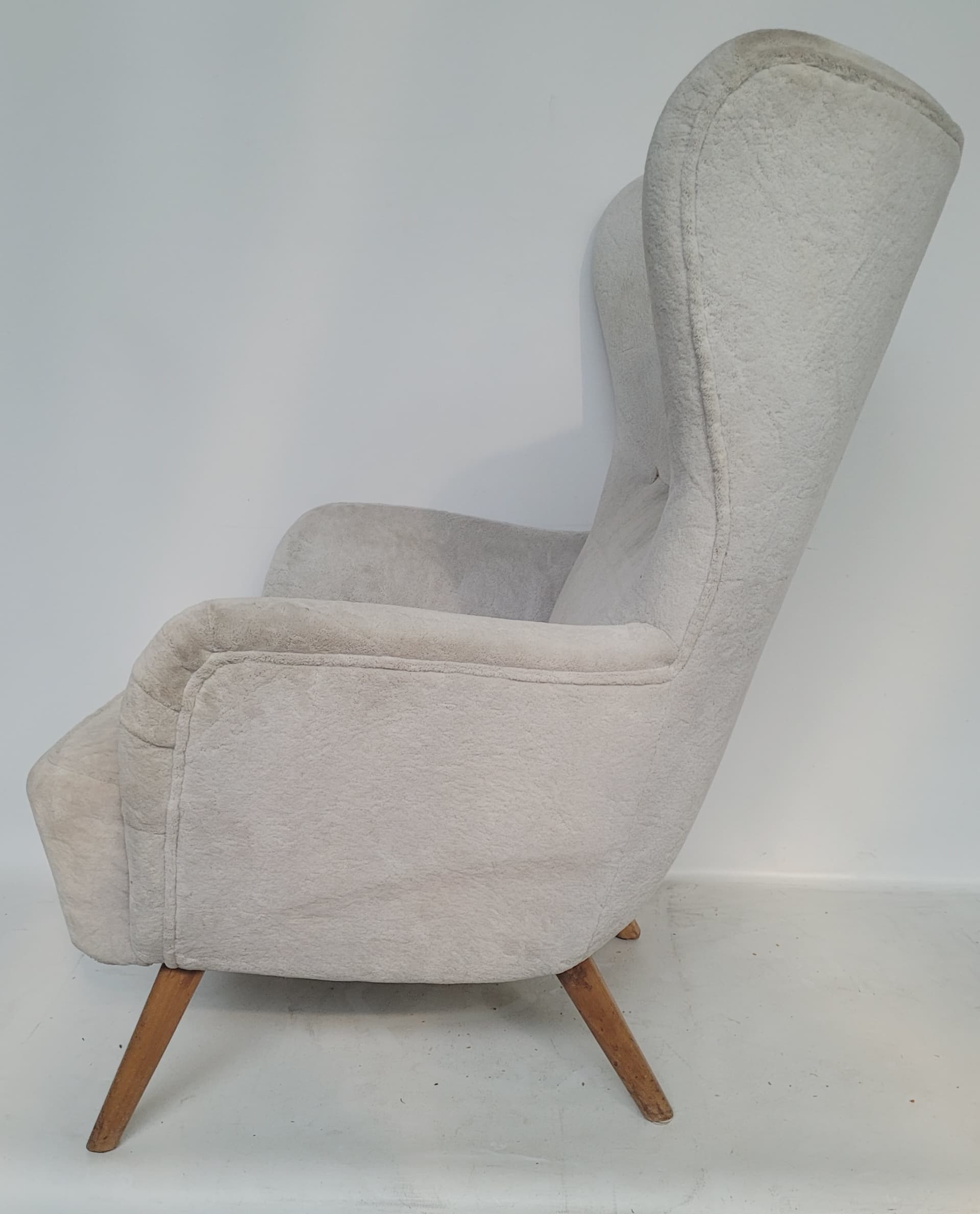Armchair wingback, beige velvet, light brown wood, Poland, 1960s. - 363507