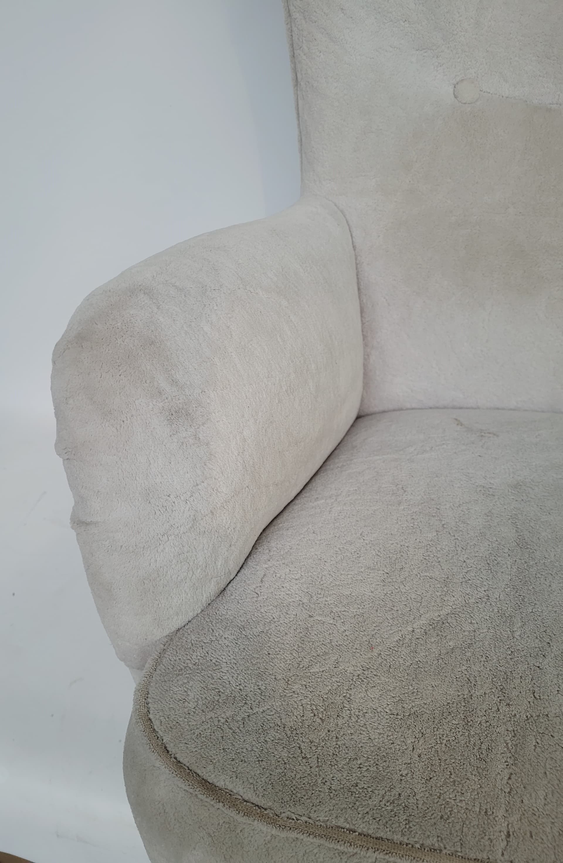 Armchair wingback, beige velvet, light brown wood, Poland, 1960s. - 363514