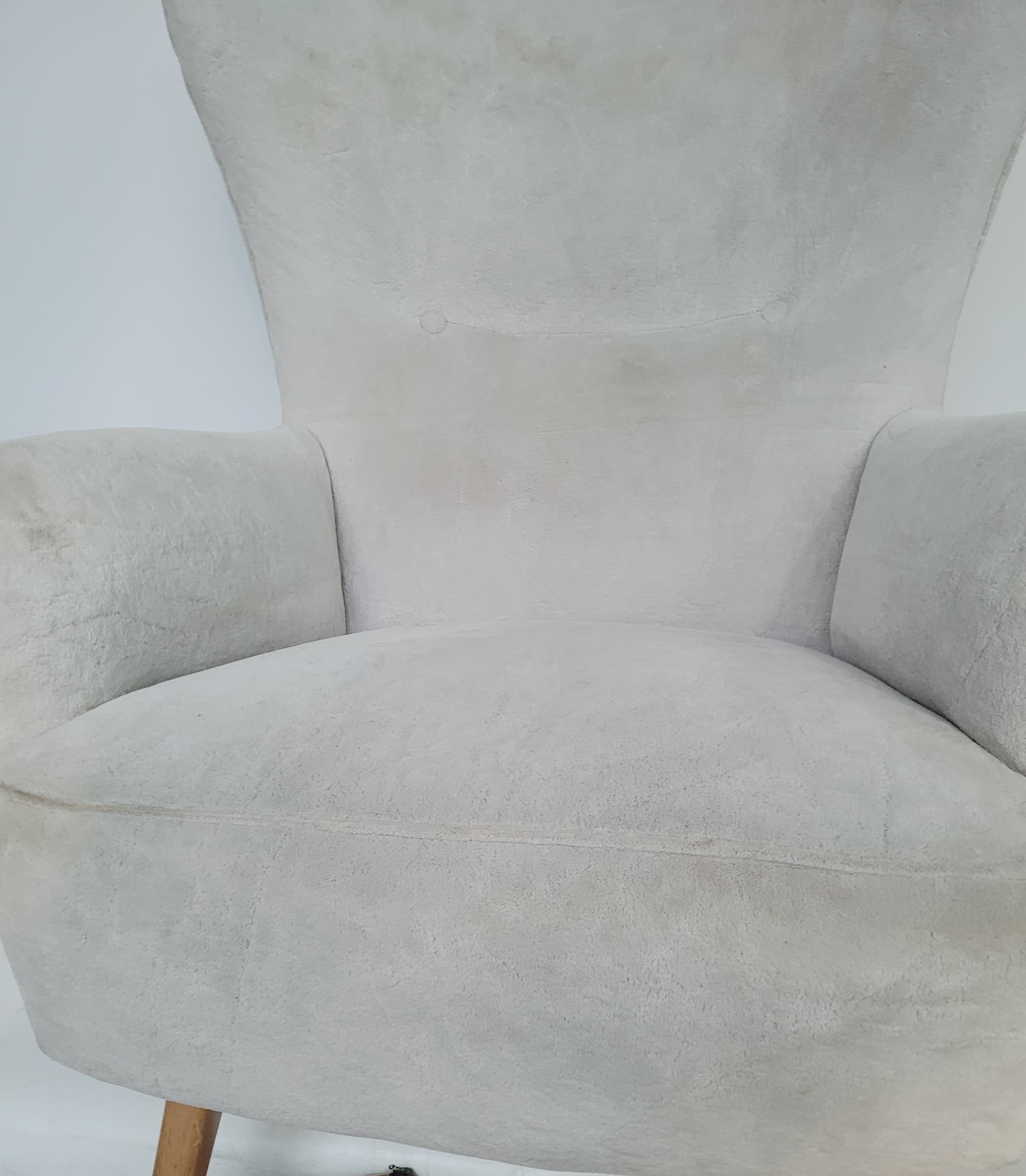Armchair wingback, beige velvet, light brown wood, Poland, 1960s. - 363508